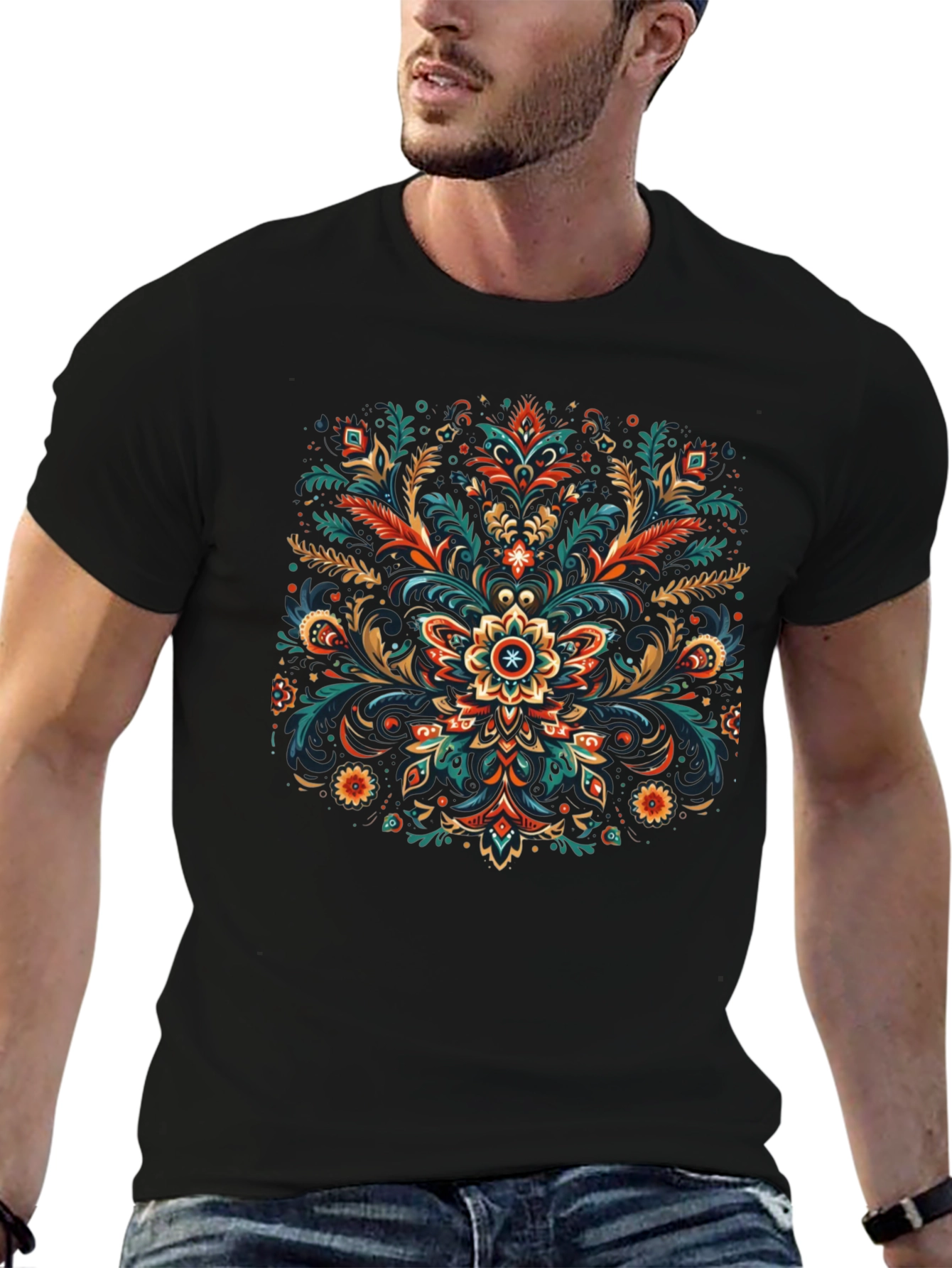 Ornate Floral Graphic Black T-Shirt - 6