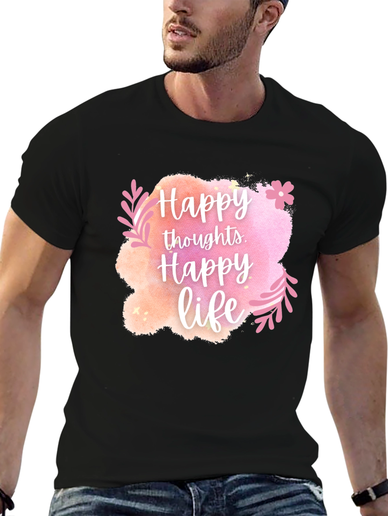 Black Happy Thoughts, Happy Life Graphic Tee view 6