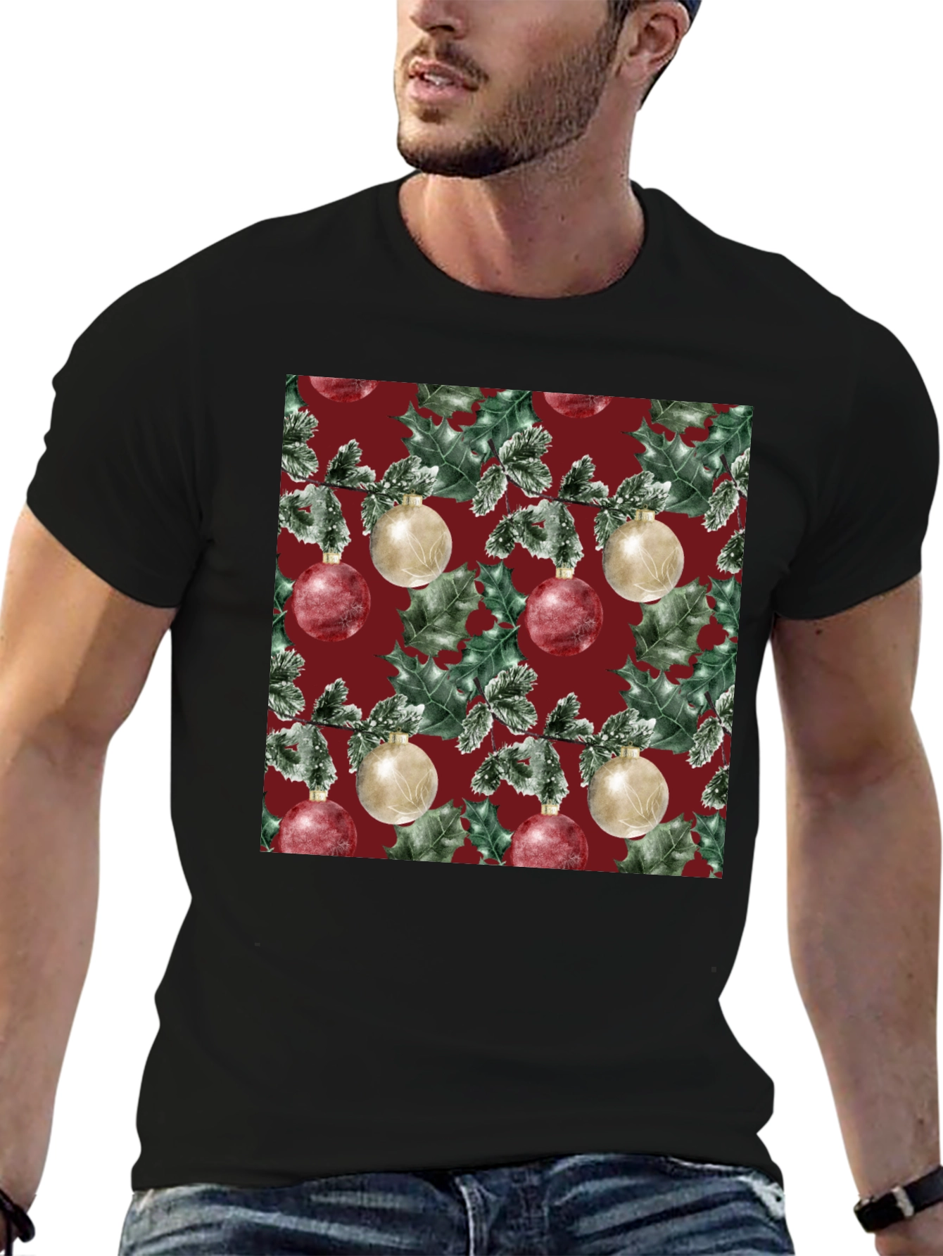 Black Festive Christmas Ornament Pattern T-Shirt view 6