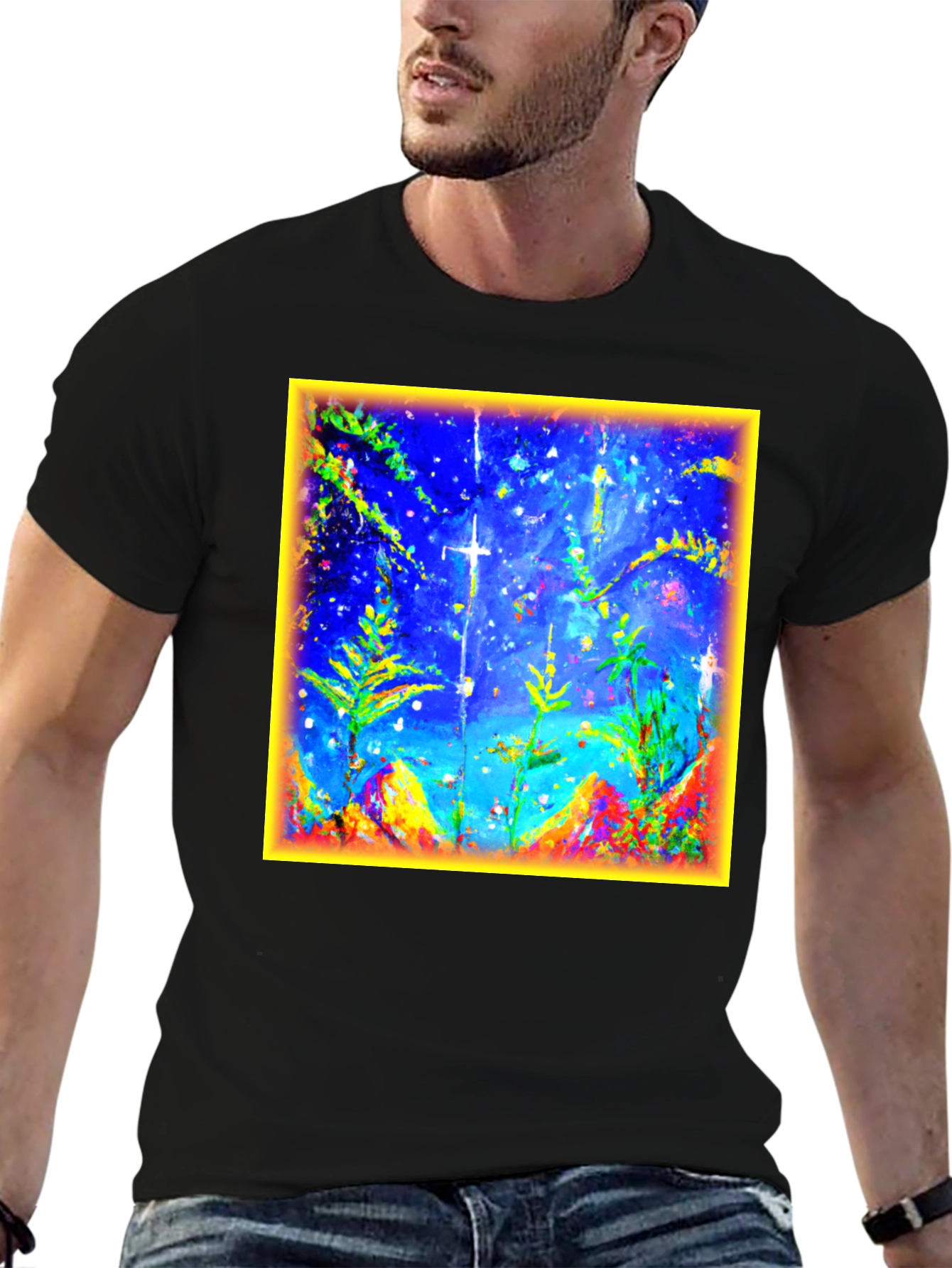 Black Abstract Art Graphic Tee - Men's Black Cotton T-Shirt view 6