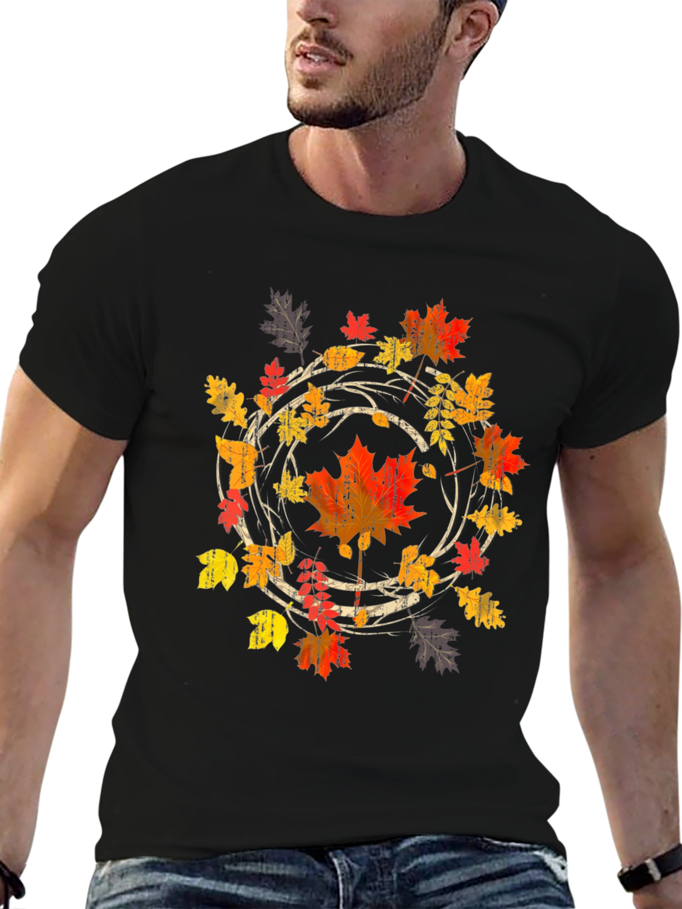 Black Autumn Leaf Circle Graphic Tee - Black Cotton Shirt view 6