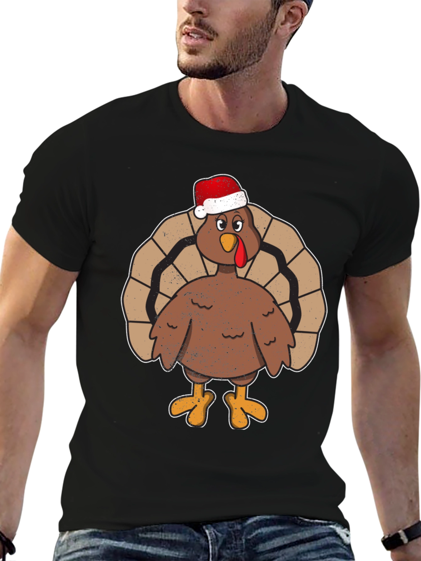 Black Festive Turkey Tee - Santa Hat Holiday Apparel view 6