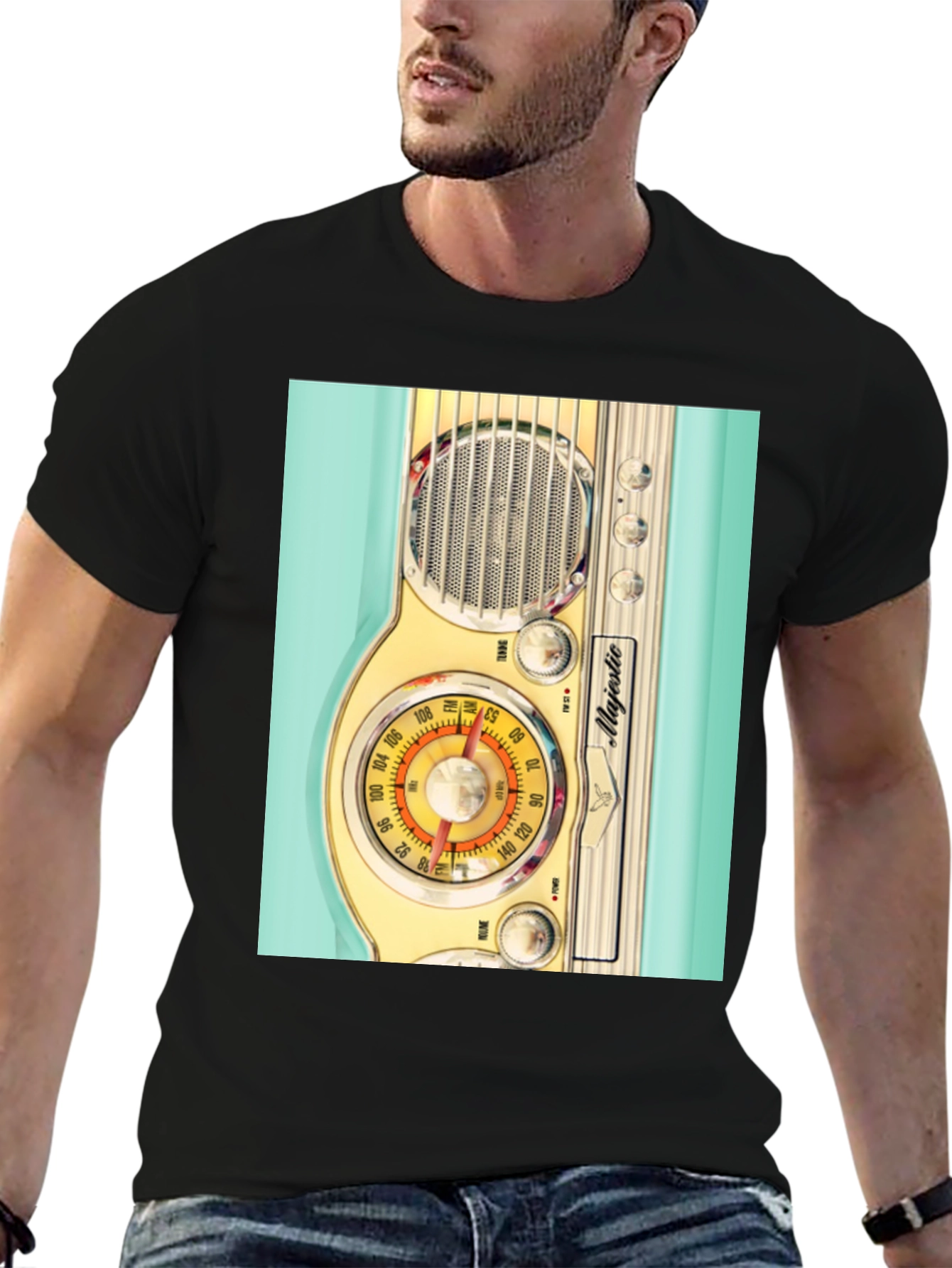 Black Retro Radio Graphic Tee - Vintage Majestic Radio Design view 6