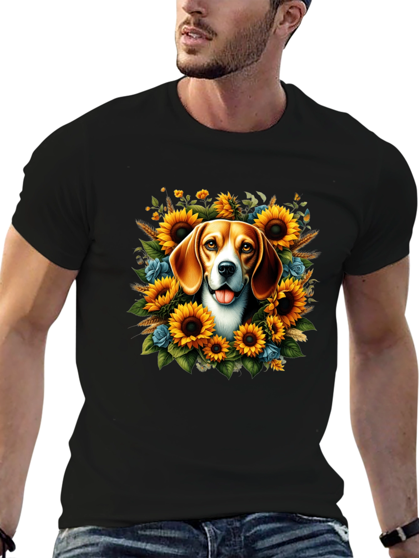 Black Dog Surrounded by Sunflowers Black T-Shirt view 6