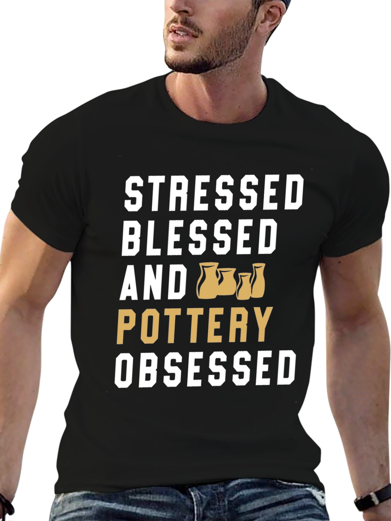 Black Stressed Blessed Pottery Obsessed T-Shirt view 6