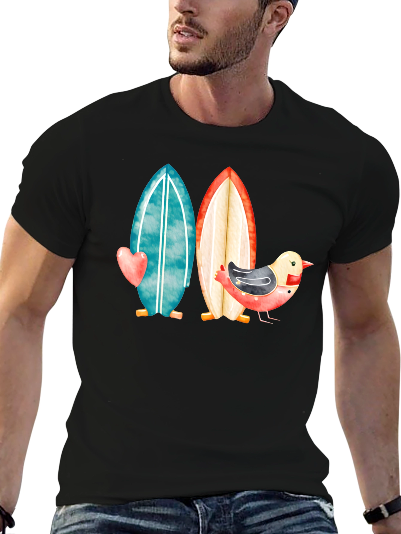 Black Surfboards & Bird T-Shirt - Coastal Style view 6