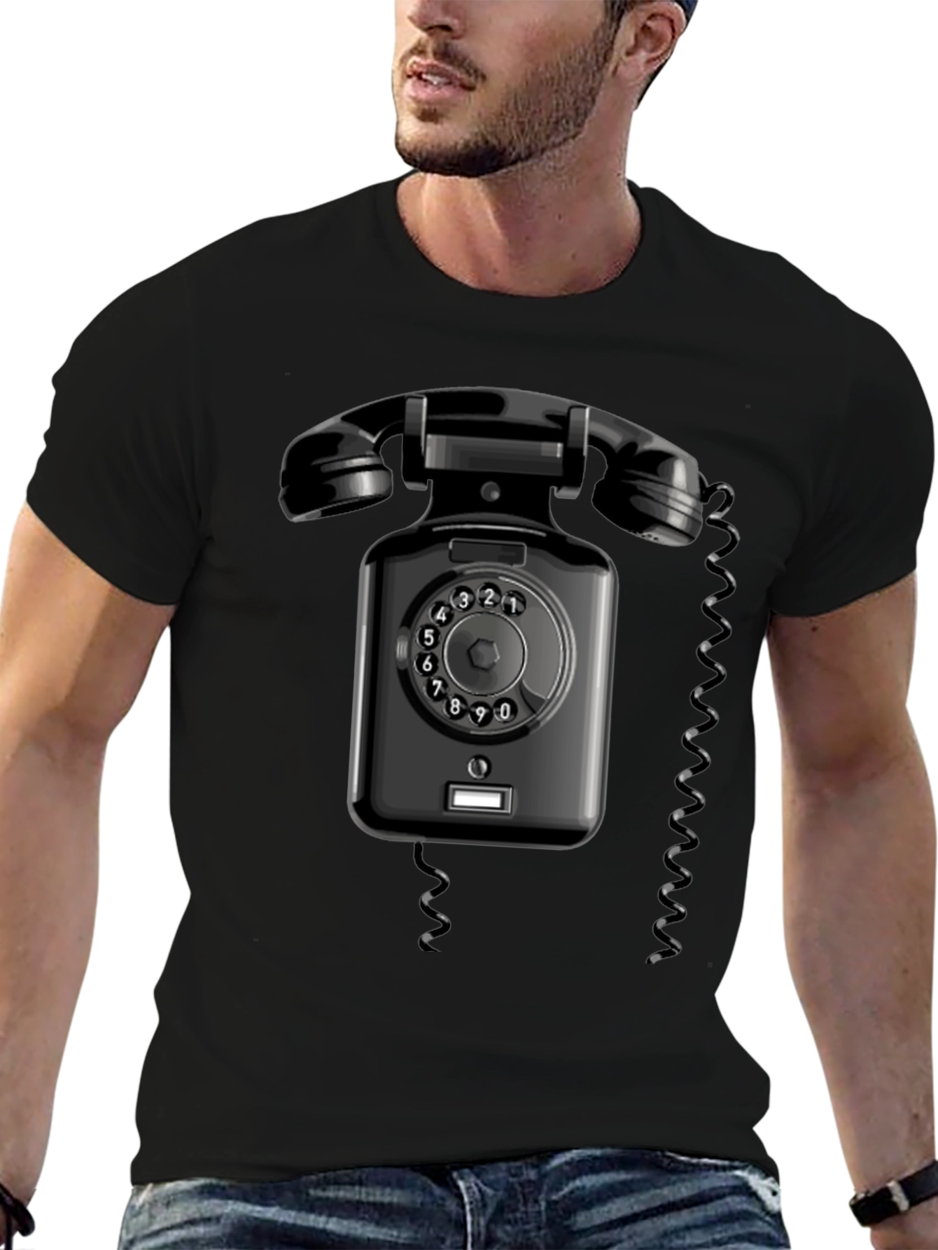 Black Vintage Rotary Phone Graphic T-Shirt - Retro Style view 6