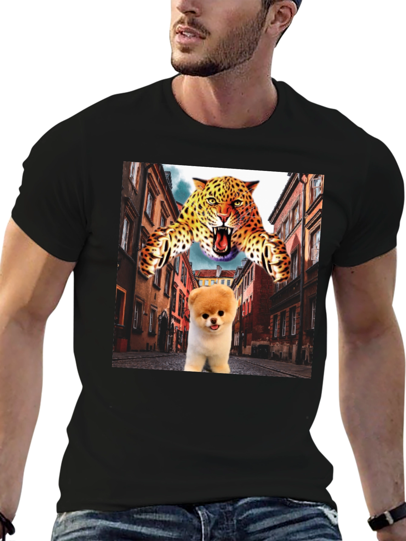 Black Novelty Graphic T-Shirt: Leopard and Pomeranian Design view 6