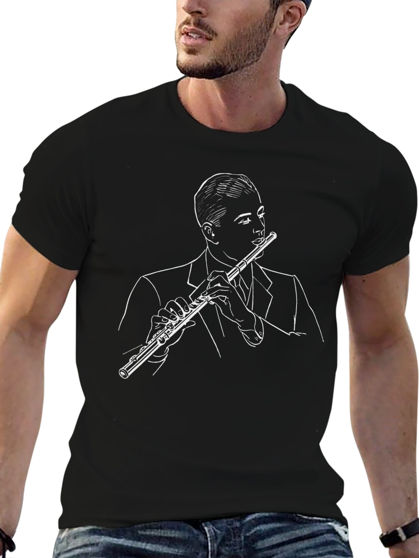 Black Flute Player Graphic Tee - Stylish Musician T-Shirt view 6
