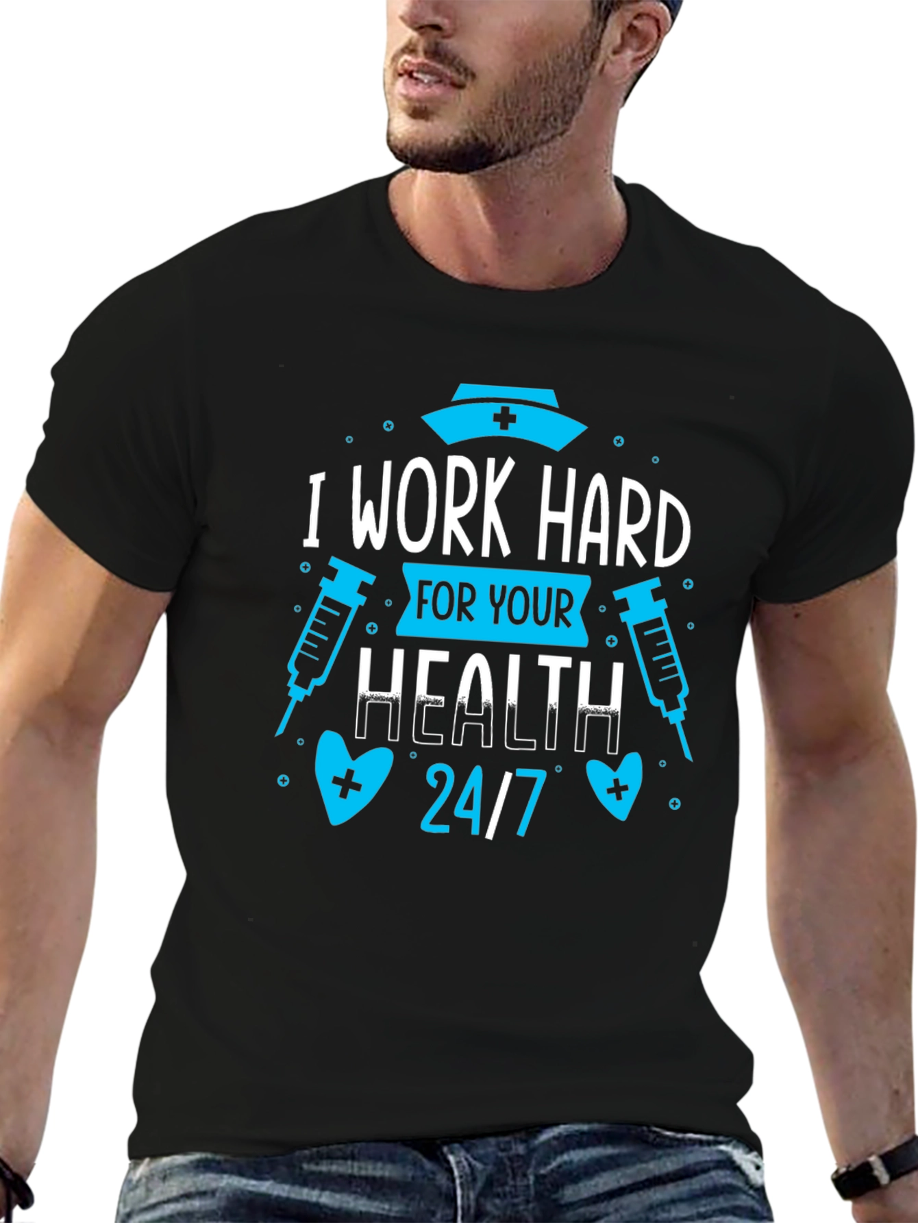 Black Nurse T-Shirt: I Work Hard For Your Health 24/7 view 6