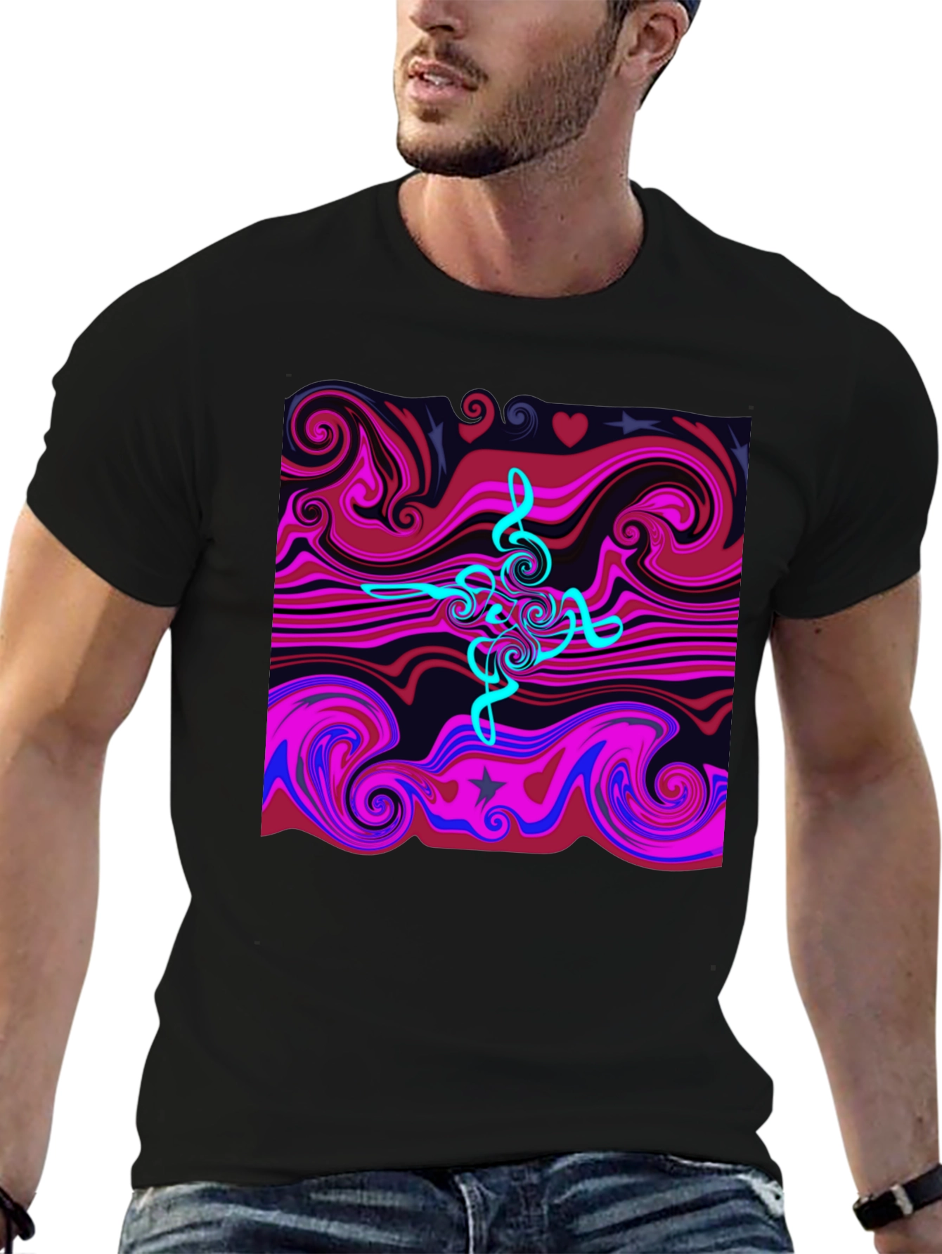 Black Abstract Swirl Tee - Cool Graphic Print Black T-Shirt view 6