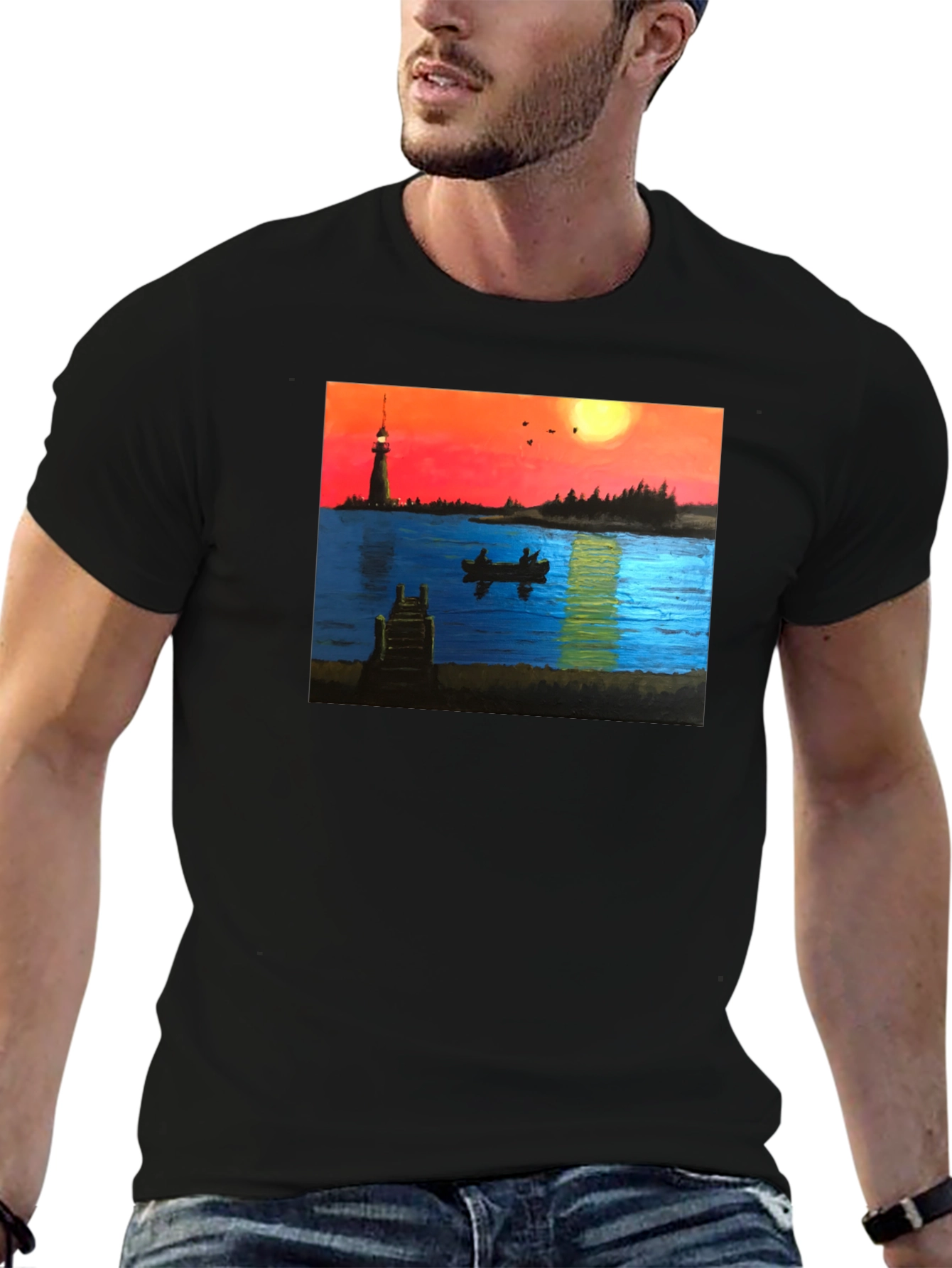Black Sunset Lake Lighthouse Graphic Tee view 6