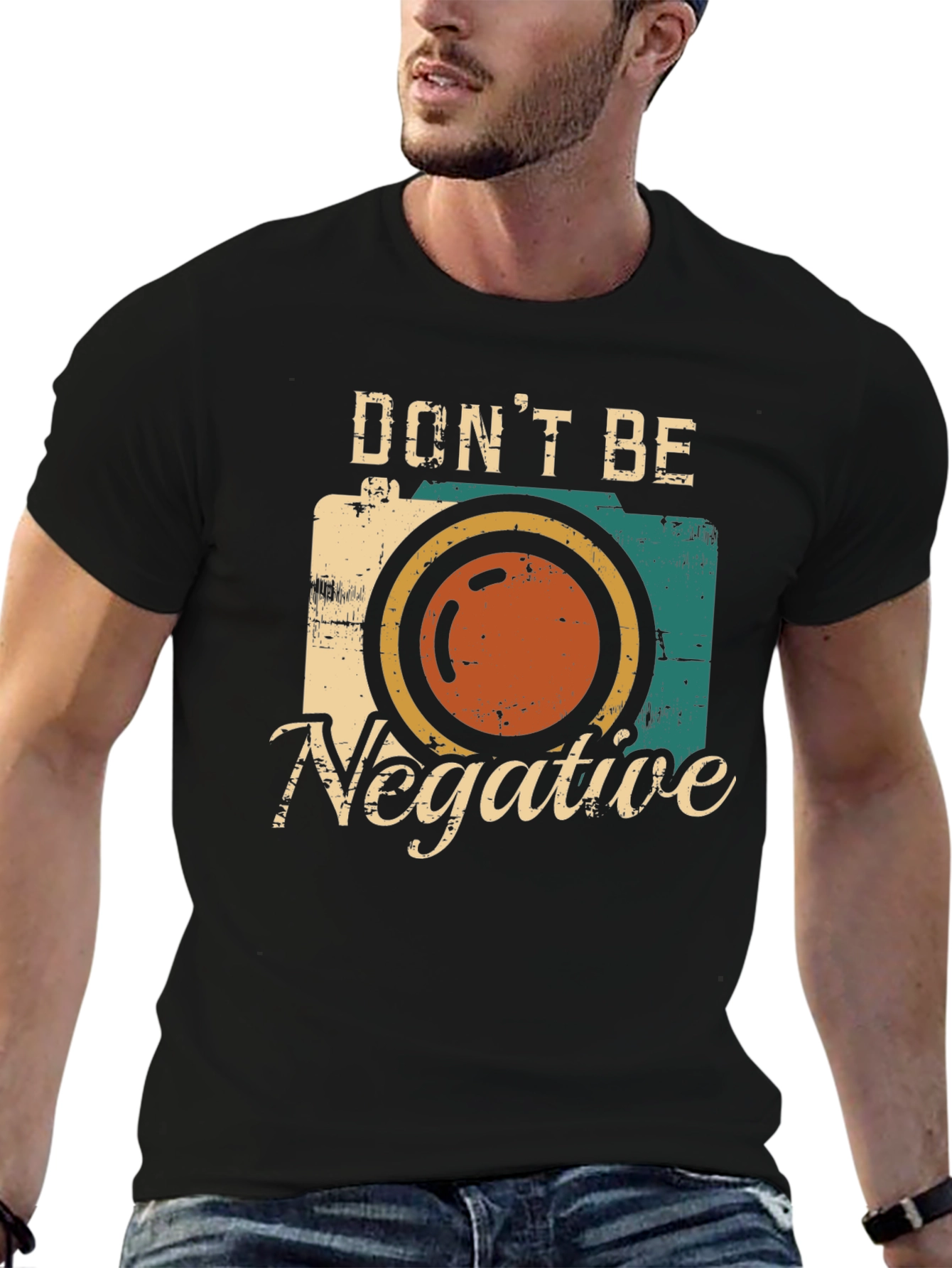 Black Don't Be Negative Retro Camera Graphic T-Shirt view 6