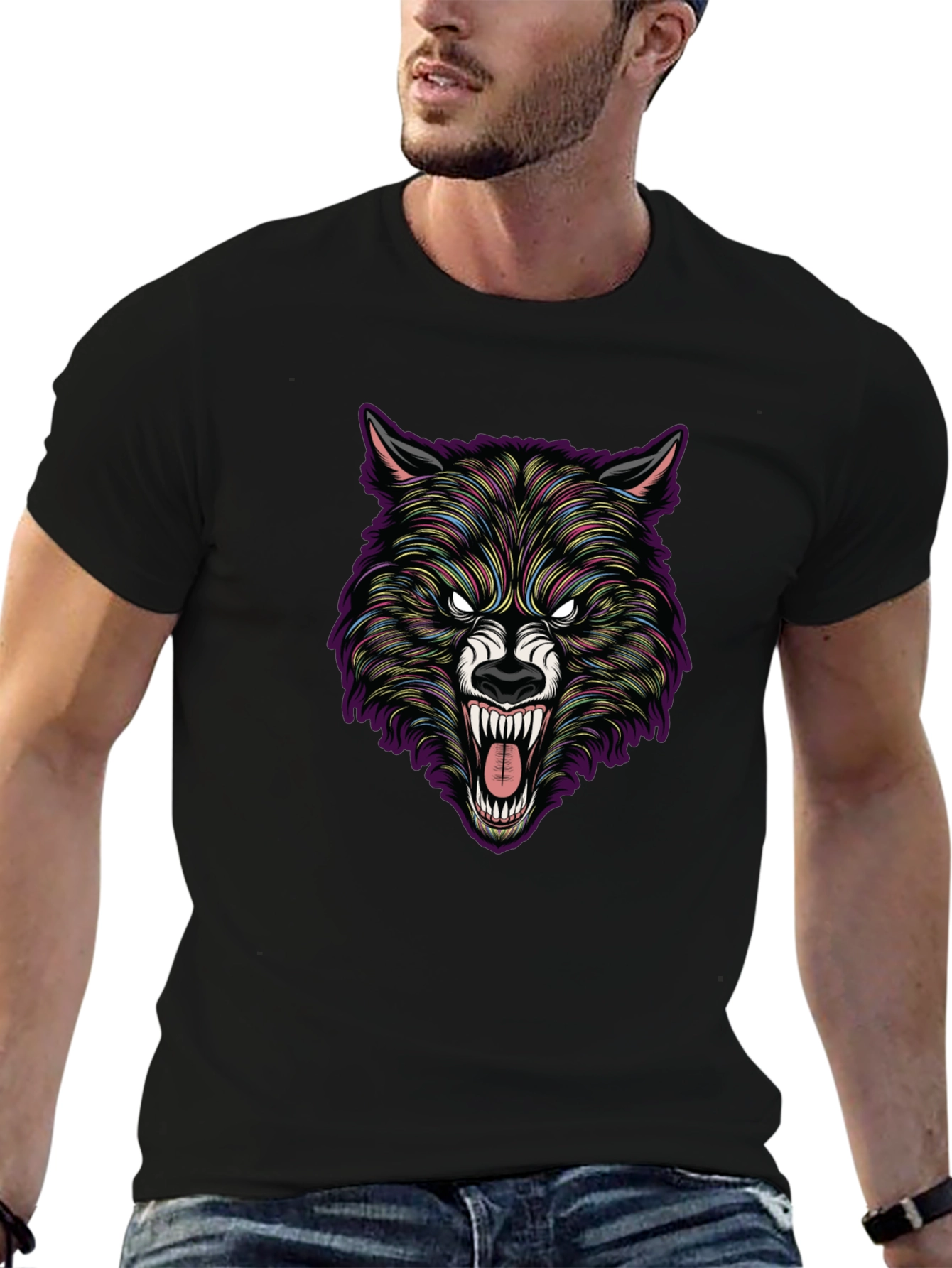 Black Wolf Graphic Print Crew Neck T-Shirt view 6