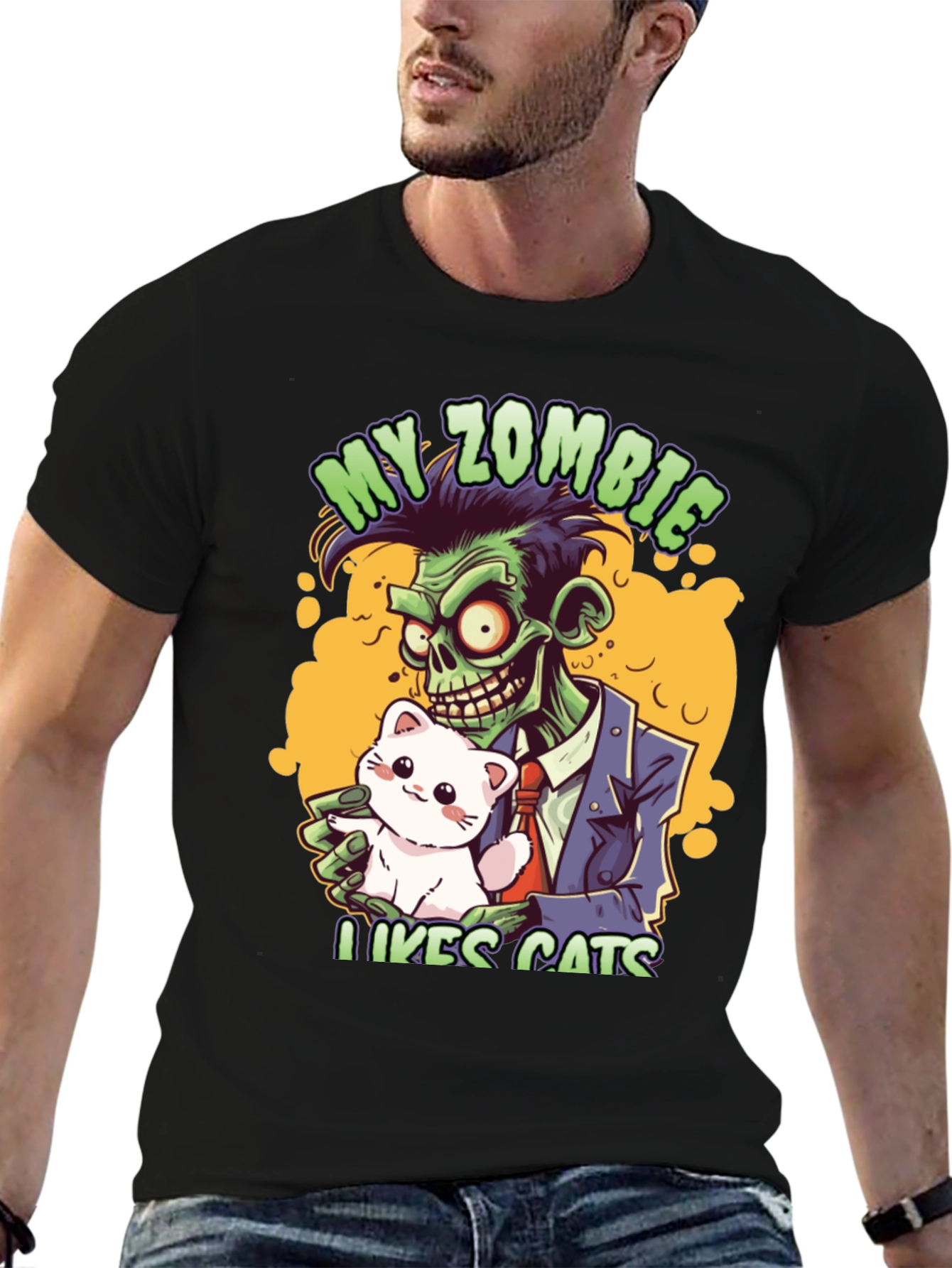 Black Zombie Likes Cats T-Shirt view 6