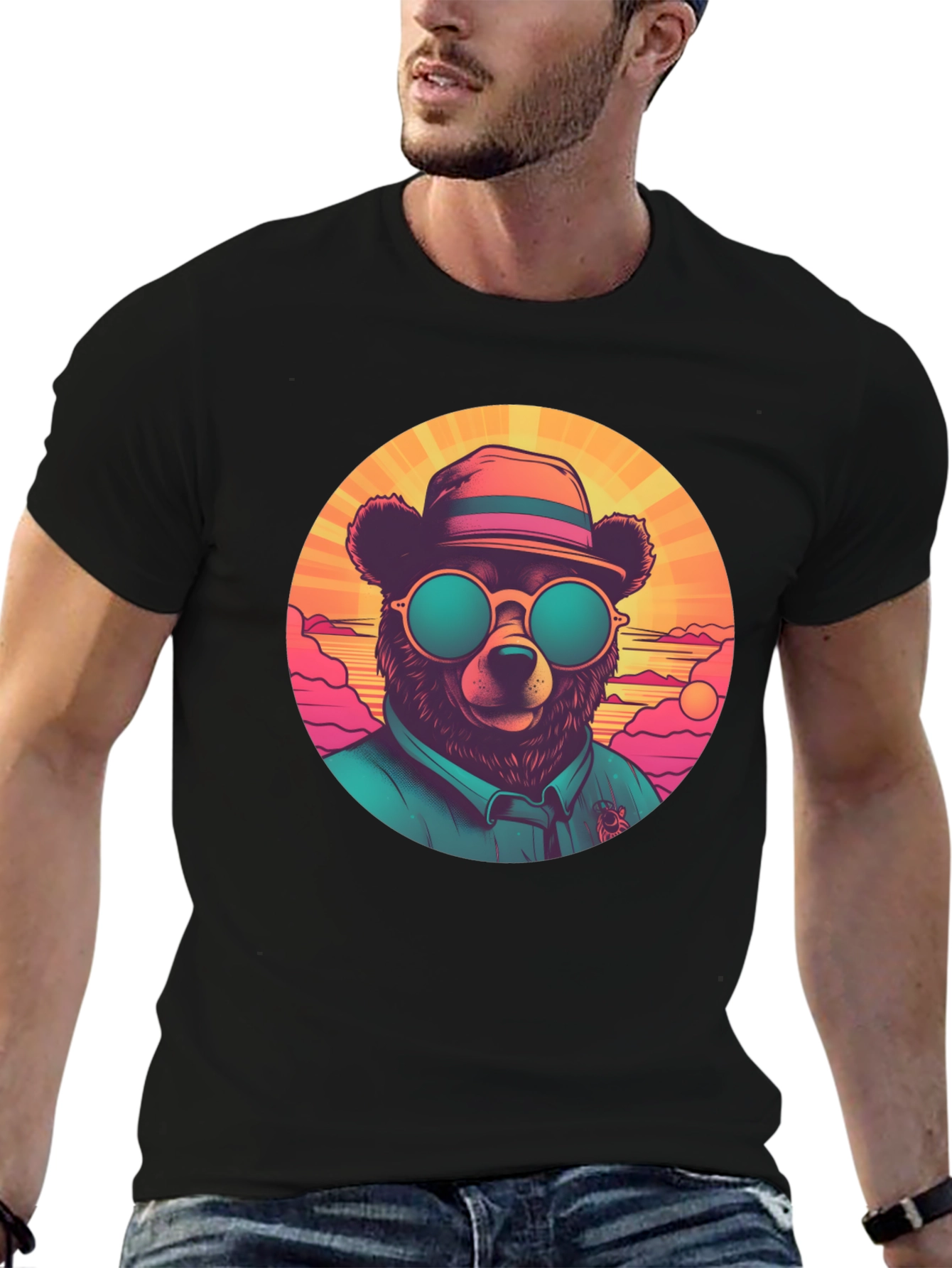 Black Cool Bear Graphic Tee - Retro Style view 6