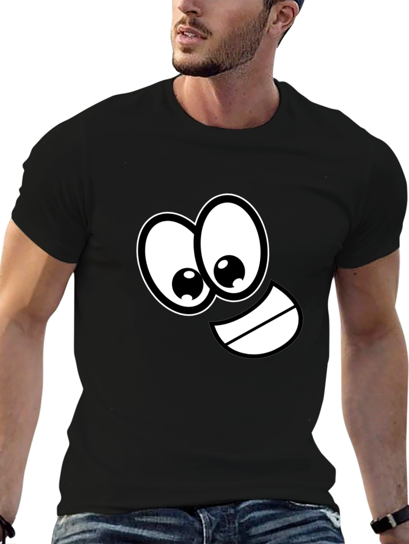 Black Funny Cartoon Face Black T-Shirt view 6