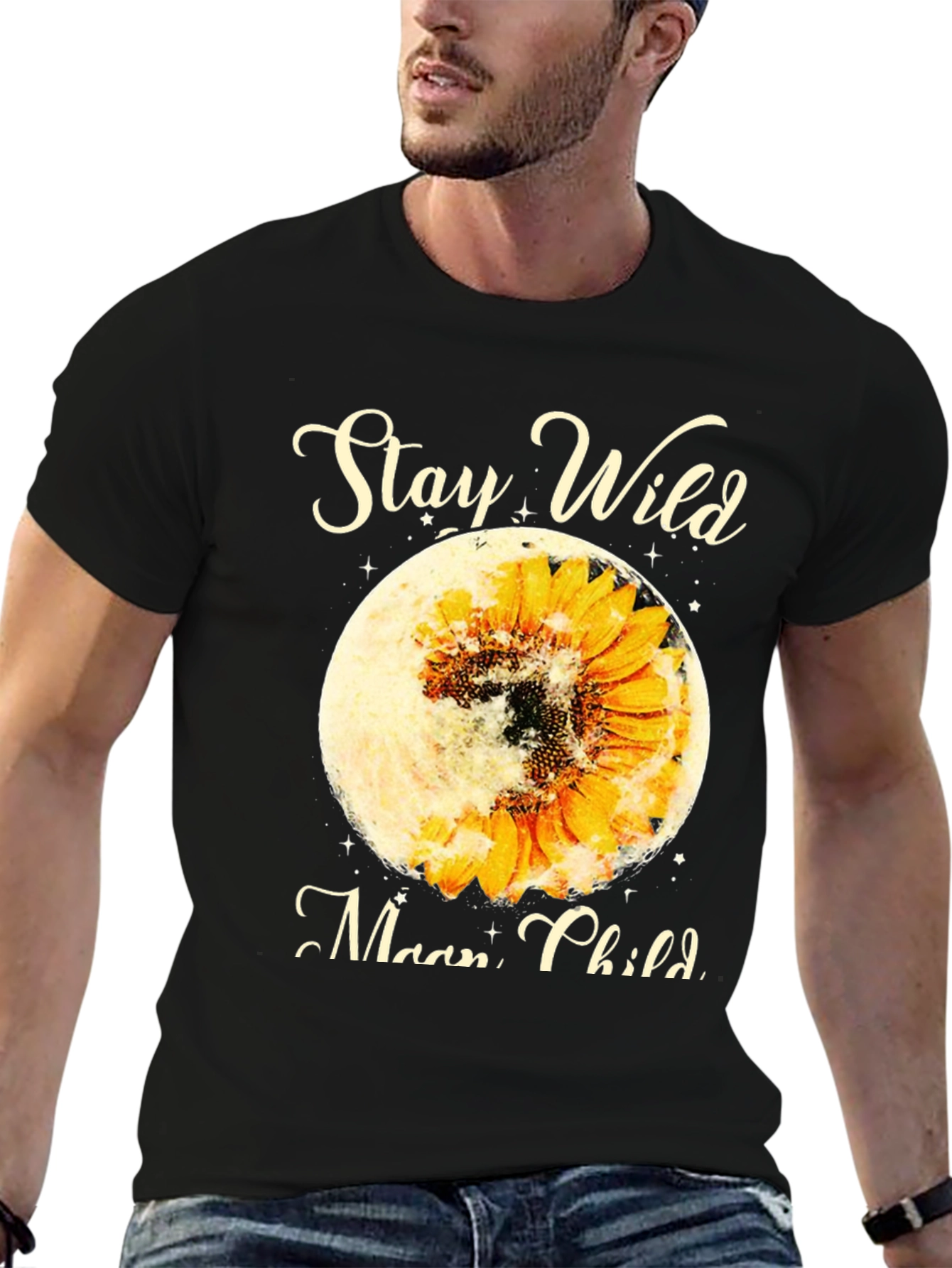 Black Stay Wild Moon Child Sunflower Graphic Tee view 6