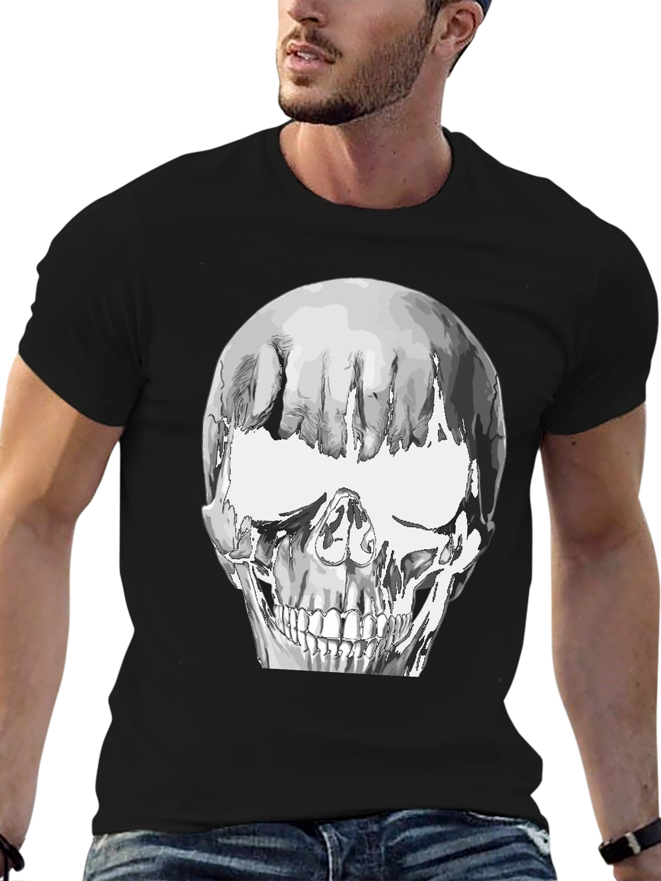 Black Skull Graphic Tee - Black Cotton Blend T-Shirt view 6