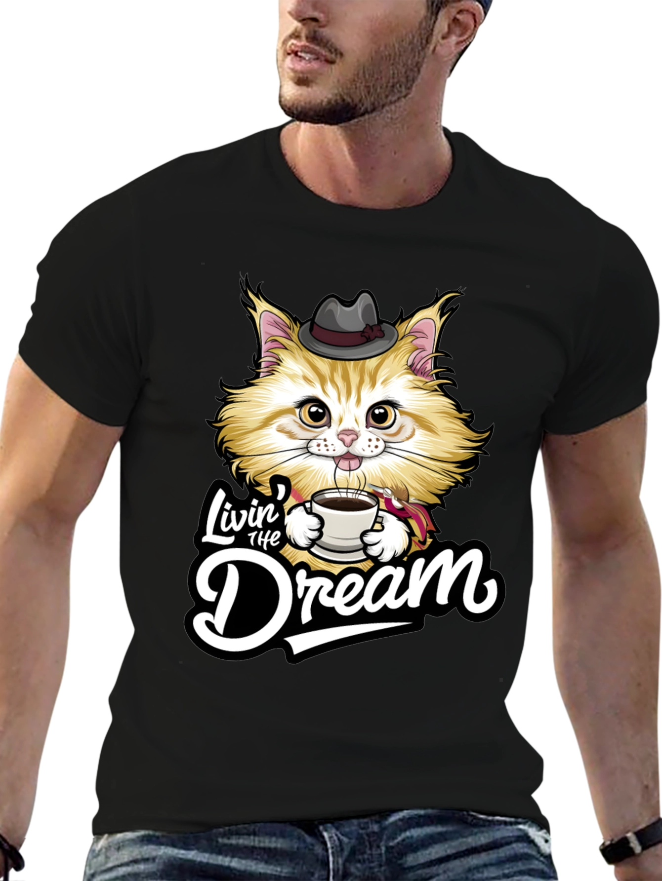 Black Livin' the Dream Cat Graphic T-Shirt view 6