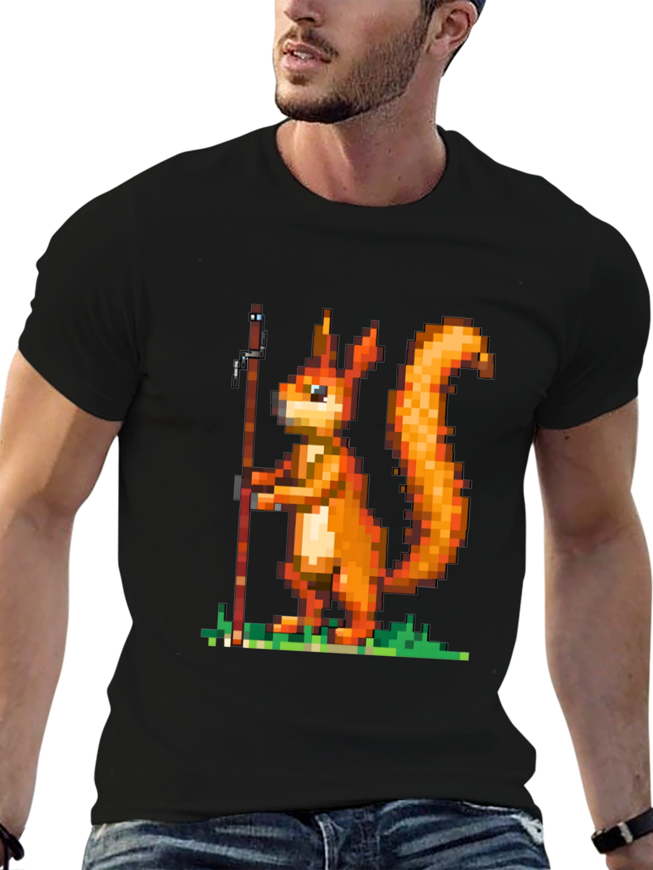 Black Pixel Squirrel Fishing T-Shirt - Black Cotton Tee view 6