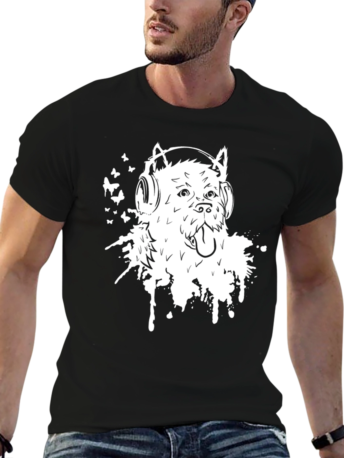 Black Dog with Headphones Graphic Tee - Black view 6
