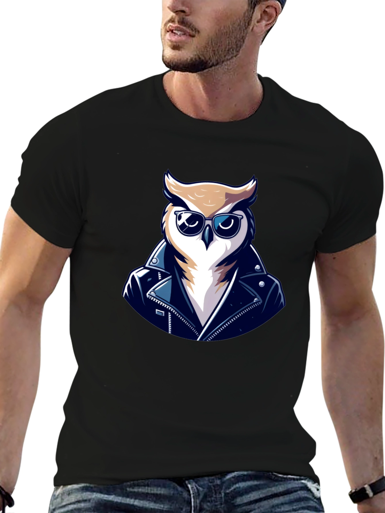 Black Cool Owl Biker T-Shirt - Black Cotton Tee view 6