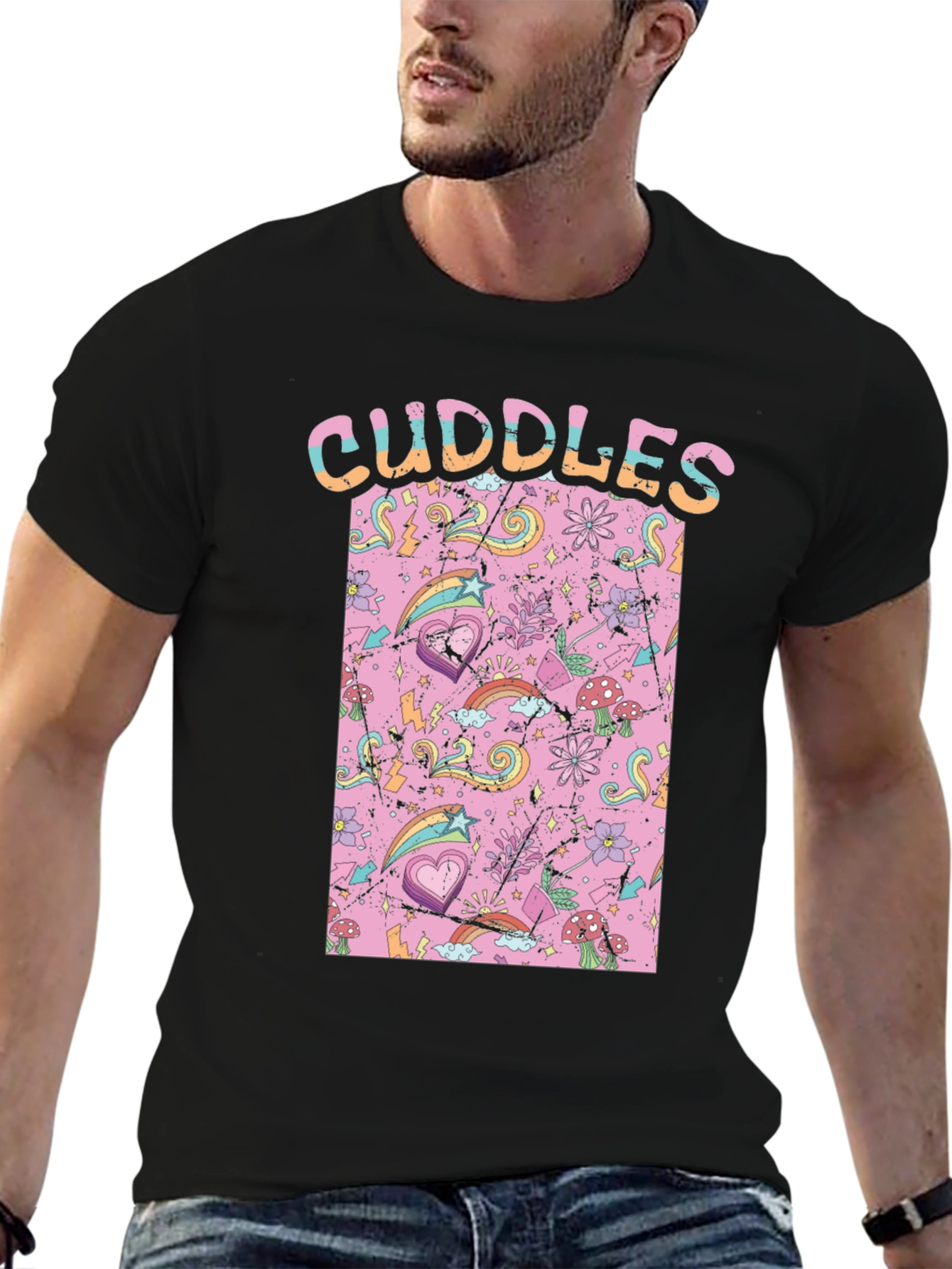 Black Cuddles Graphic Print Crew Neck T-Shirt view 6