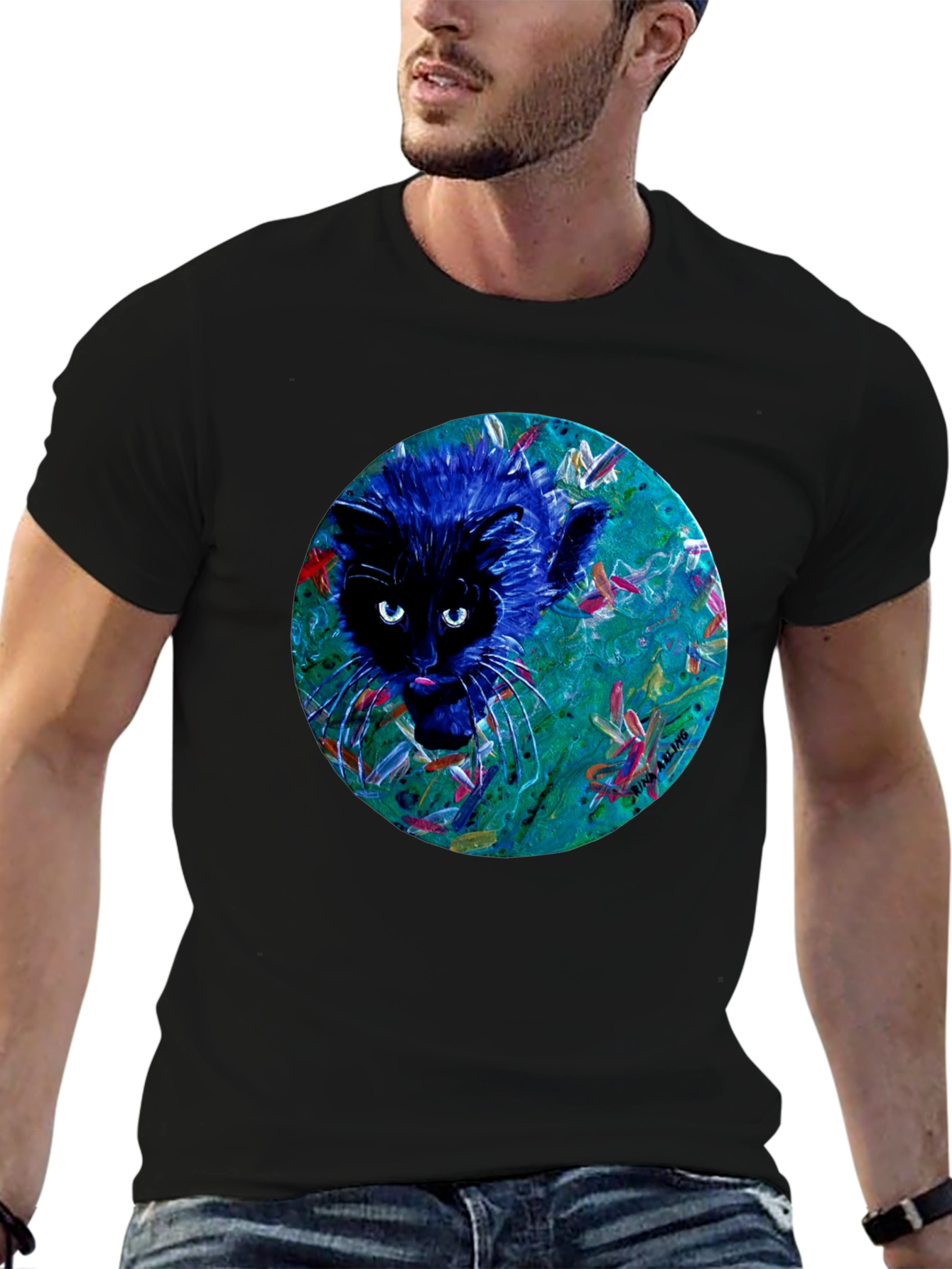 Black Abstract Cat Graphic Tee - Black Cotton T-Shirt view 6