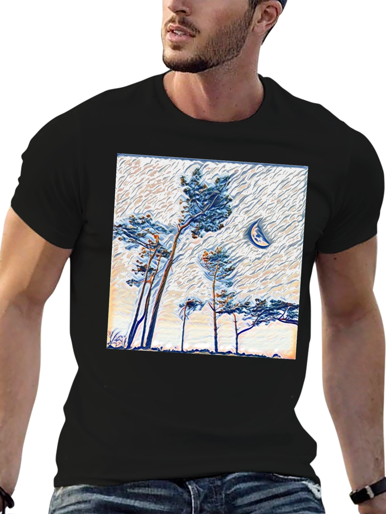 Black Artistic Trees and Moon Graphic Tee view 6