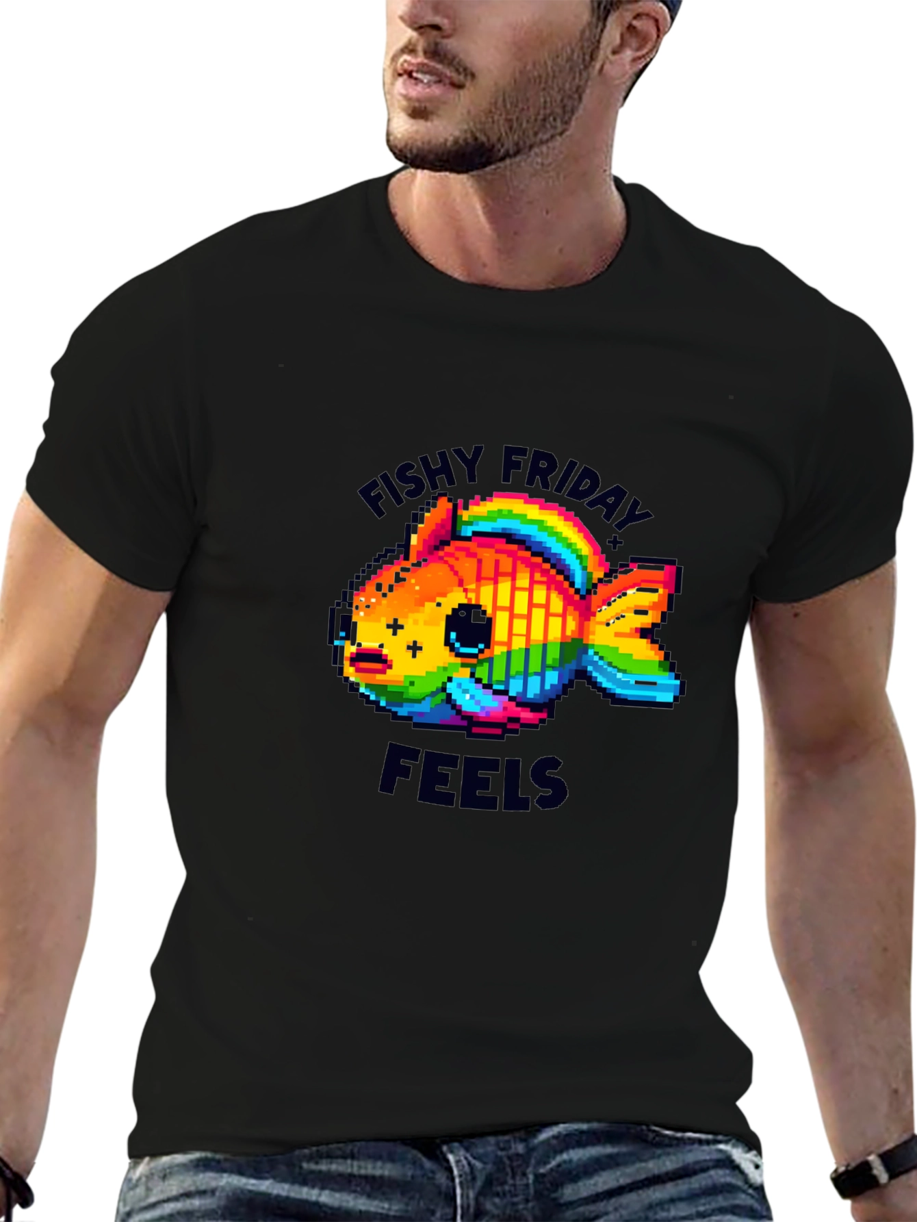 Black Fishy Friday Feels Pixel Art Graphic Tee view 6