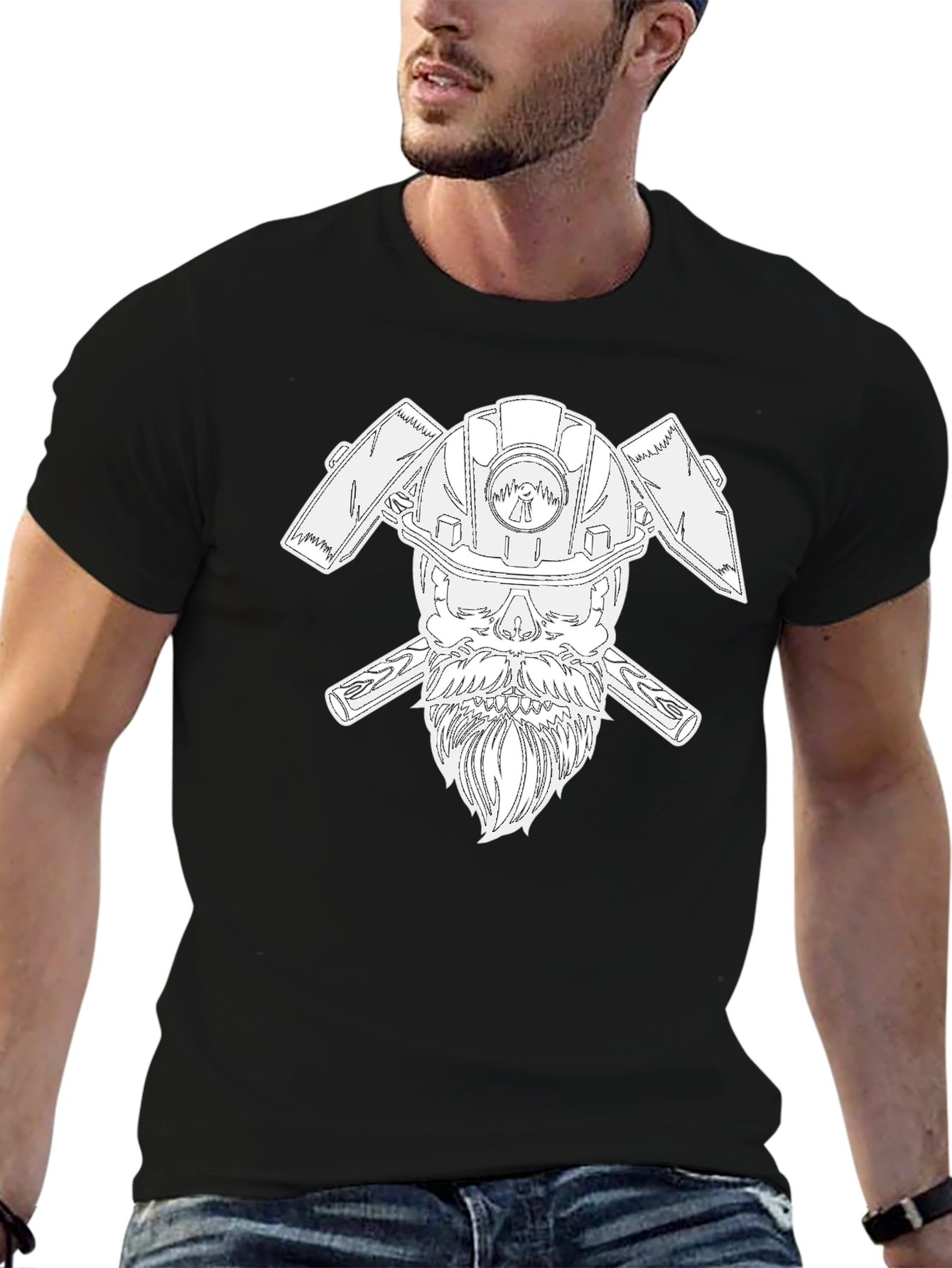 Black Cool Miner Skull T-Shirt - Black Crew Neck Tee view 6
