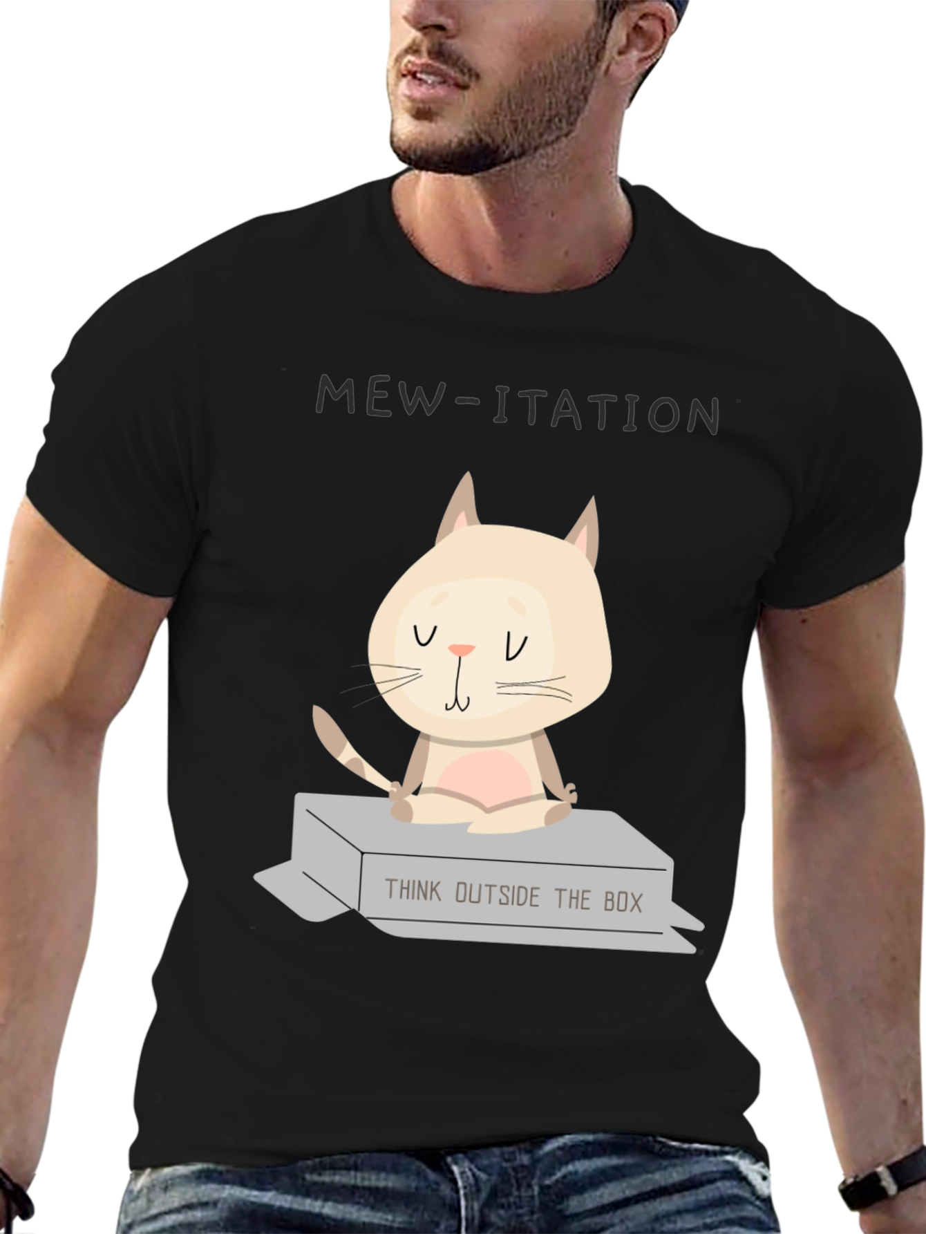 Black Mew-ditation Cat Graphic T-Shirt: Think Outside the Box view 6