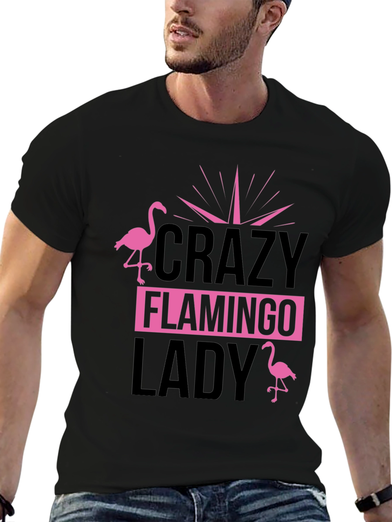Black Crazy Flamingo Lady T-Shirt - Black Cotton Tee view 6