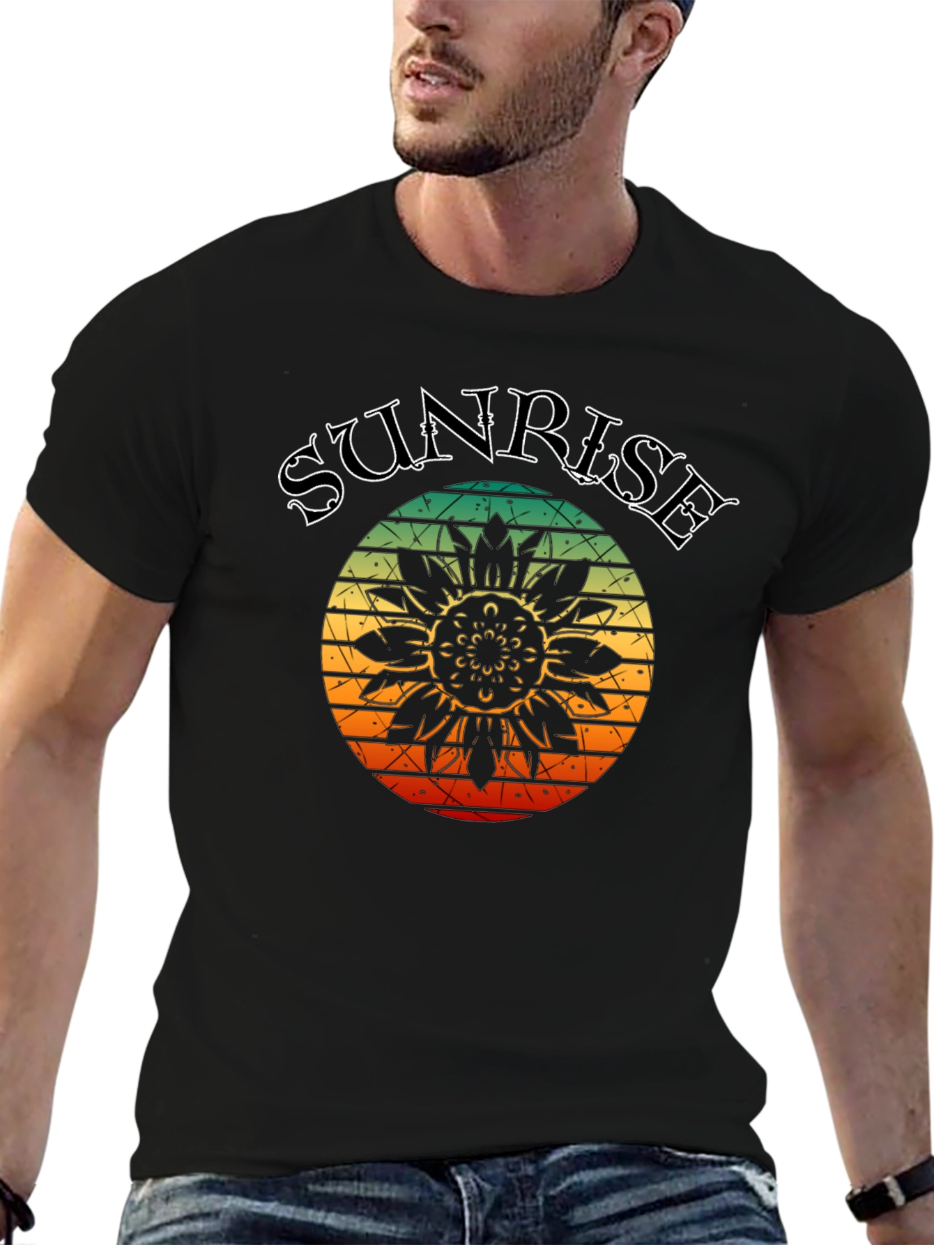 Black Sunrise Sunflower Graphic Tee - Retro Style view 6