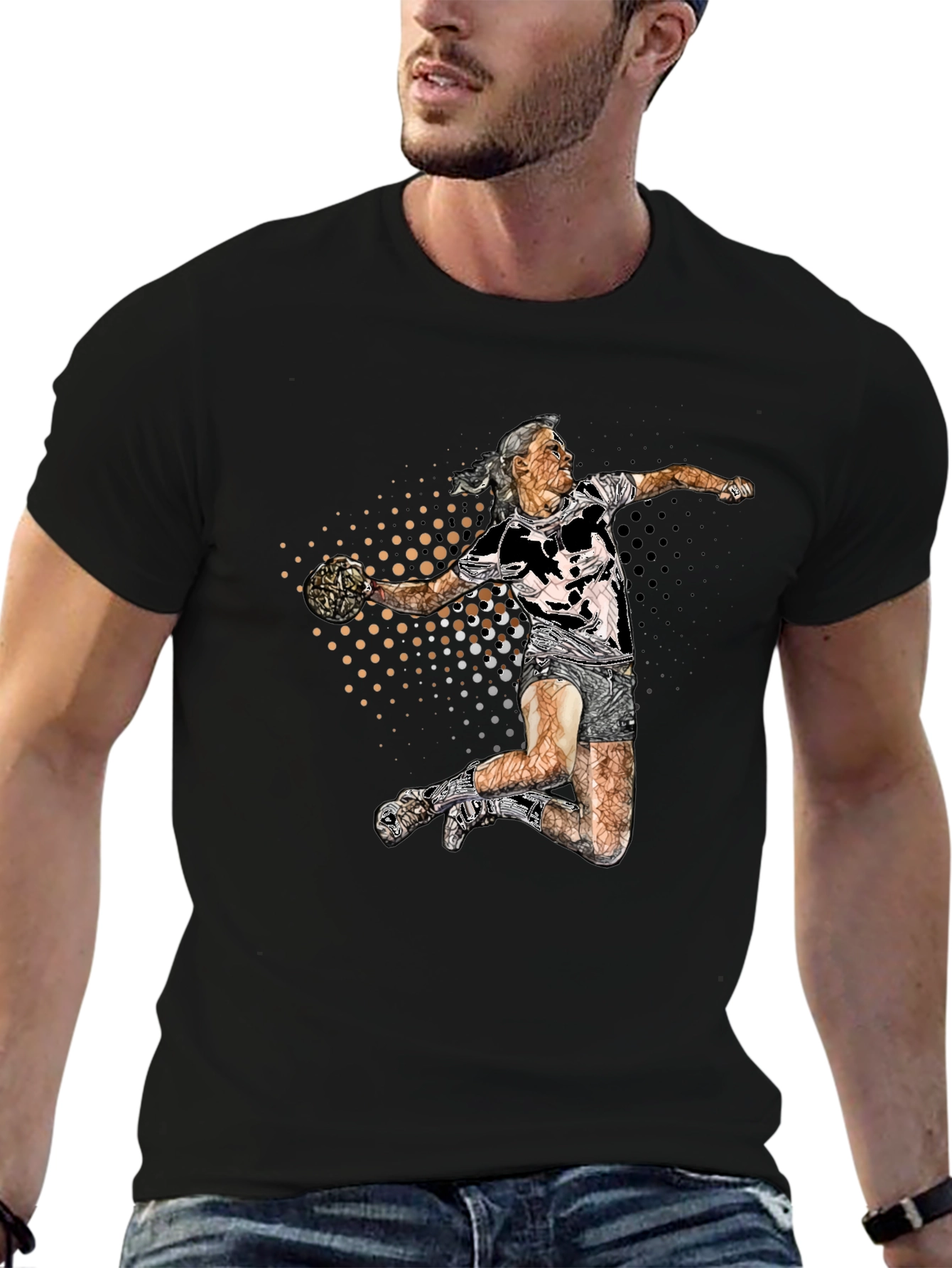 Black Handball Player Graphic Tee - Black Cotton Blend Shirt view 6