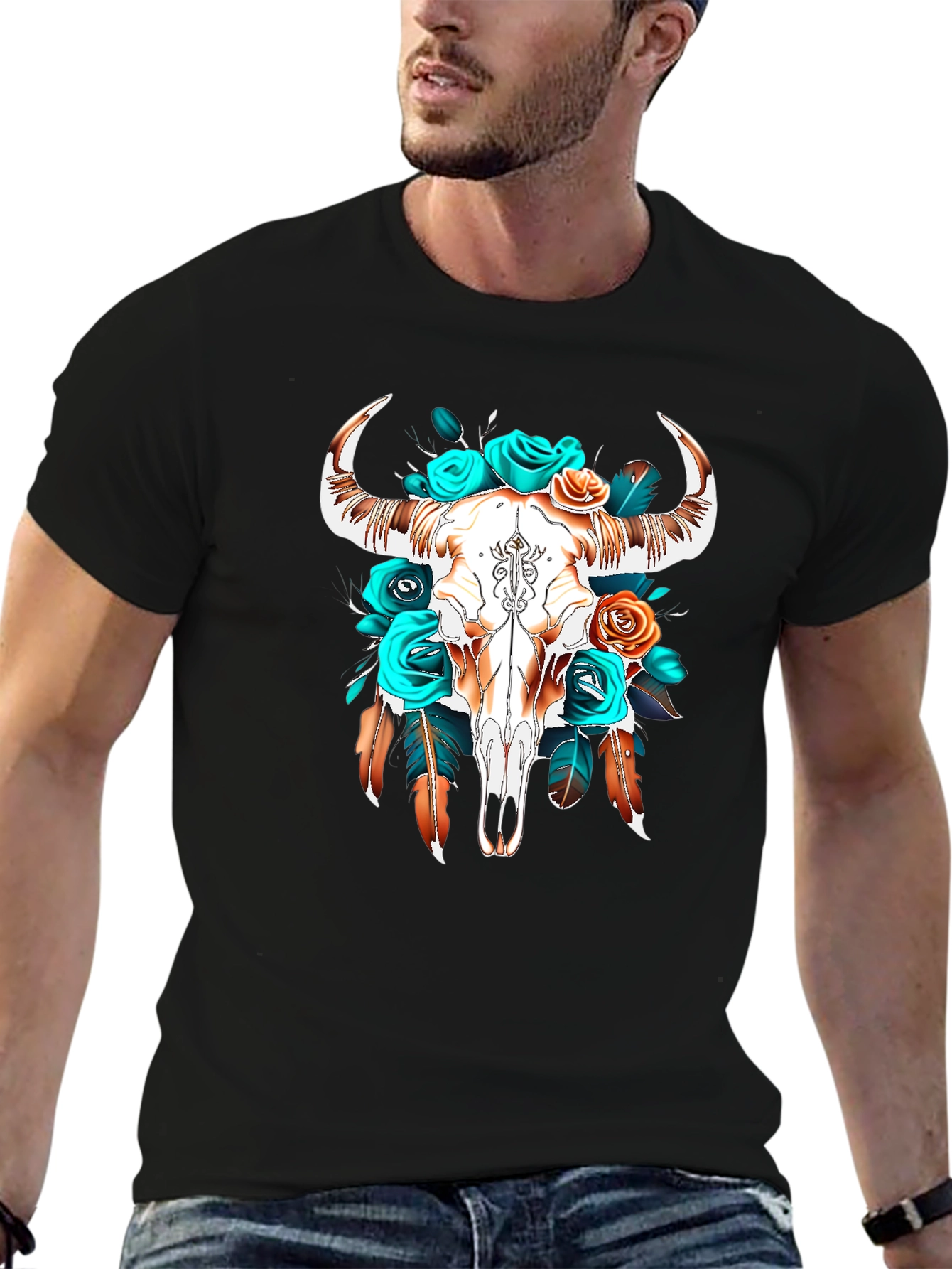 Black Boho Bull Skull Graphic Tee view 6
