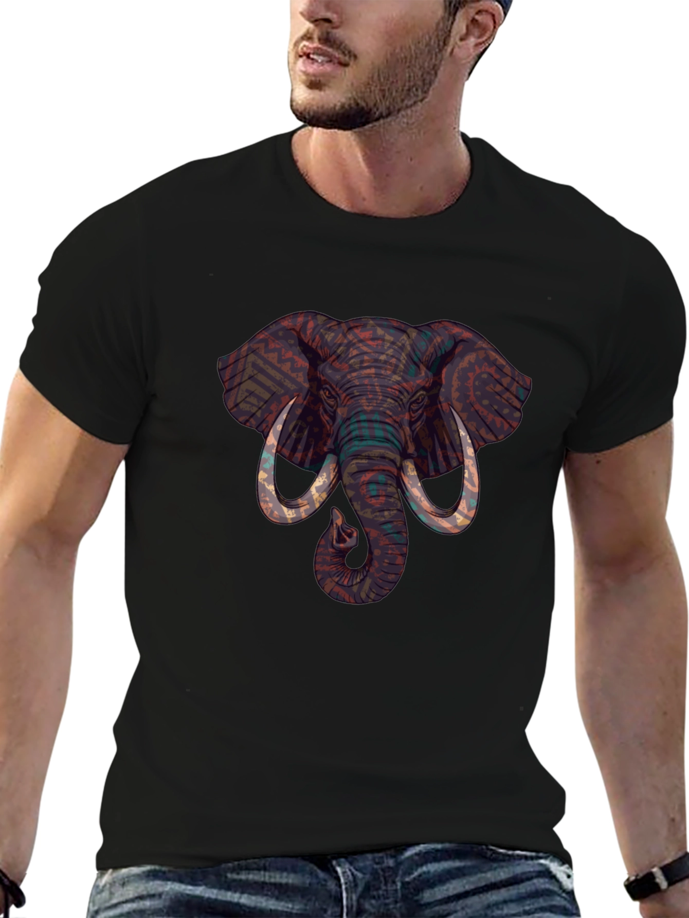 Black Elephant Graphic Print Crew Neck T-Shirt view 6