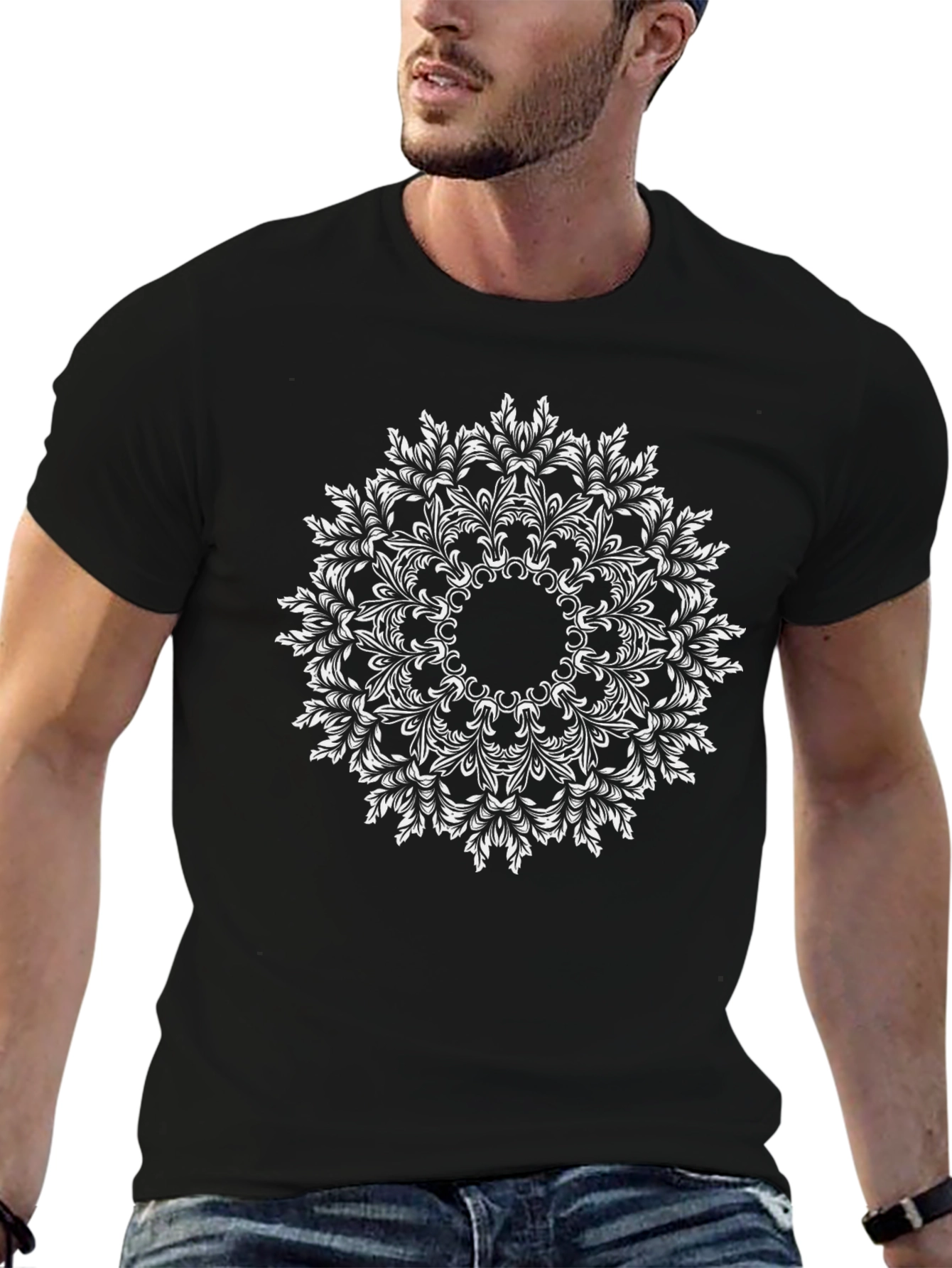 Black Black T-Shirt with White Mandala Design view 6