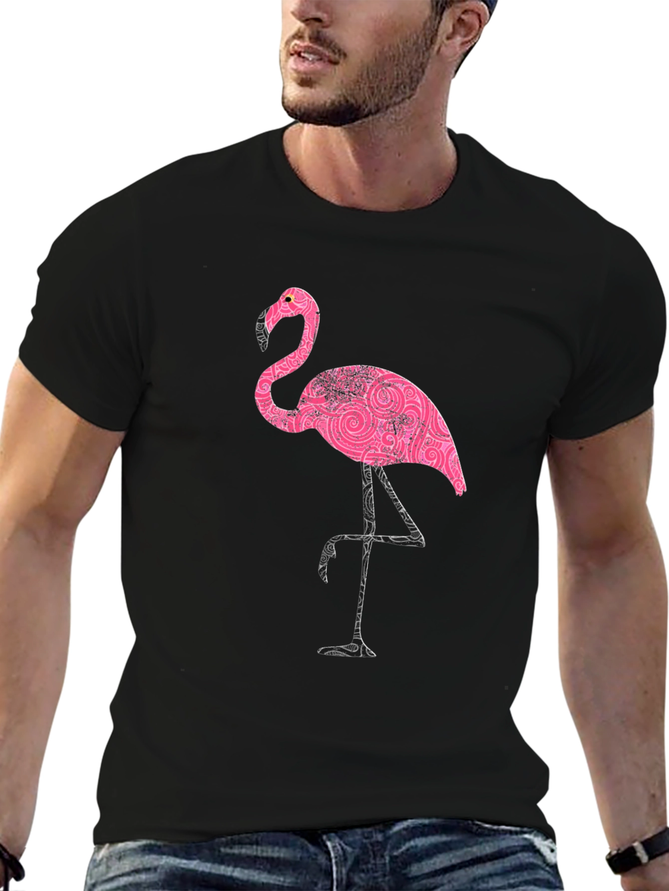 Black Pink Flamingo Print Black T-Shirt view 6