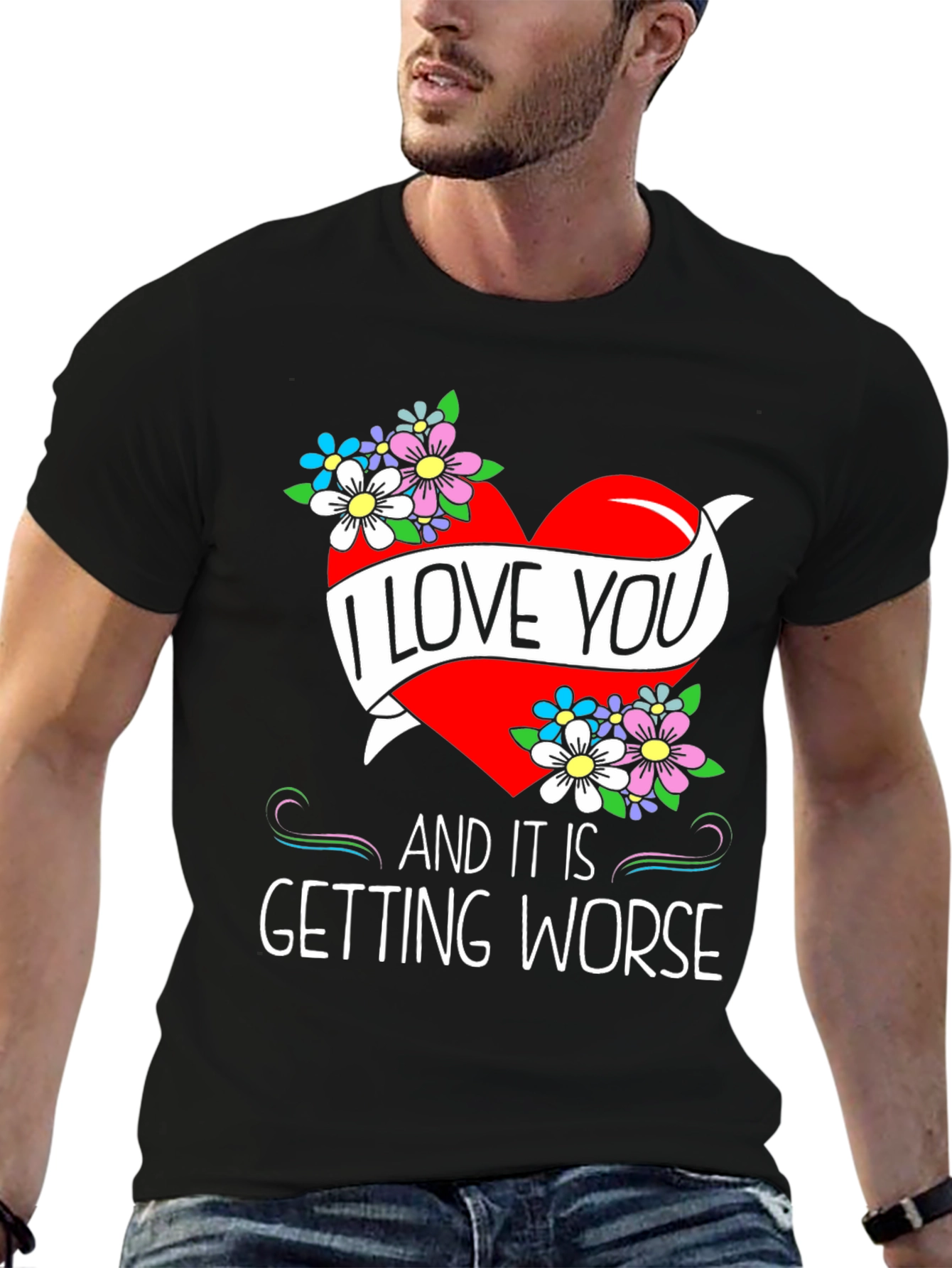 Black I Love You Graphic Tee - Novelty Heart & Flowers Design view 6