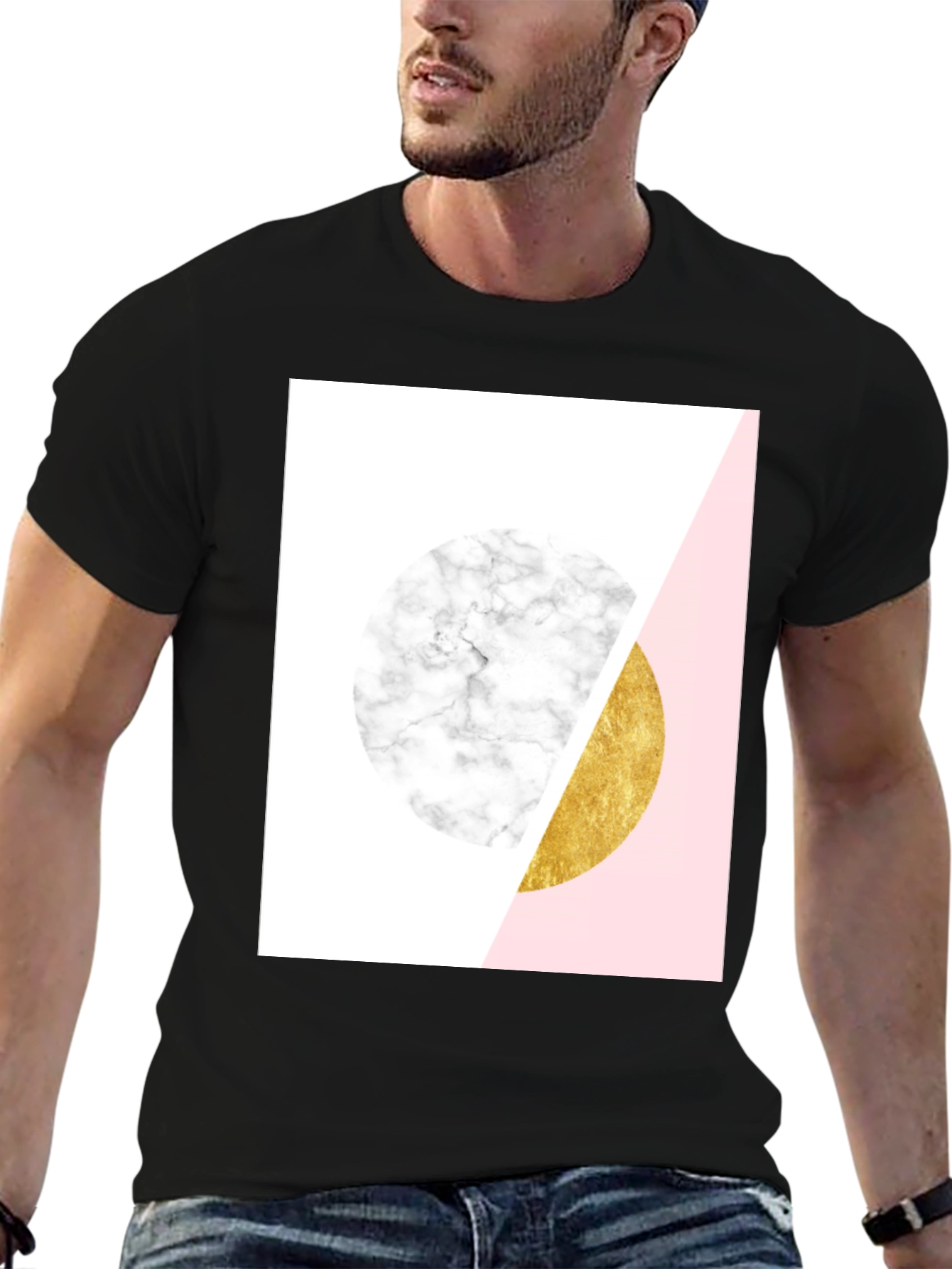 Black Geometric Marble and Gold Circle T-Shirt view 6