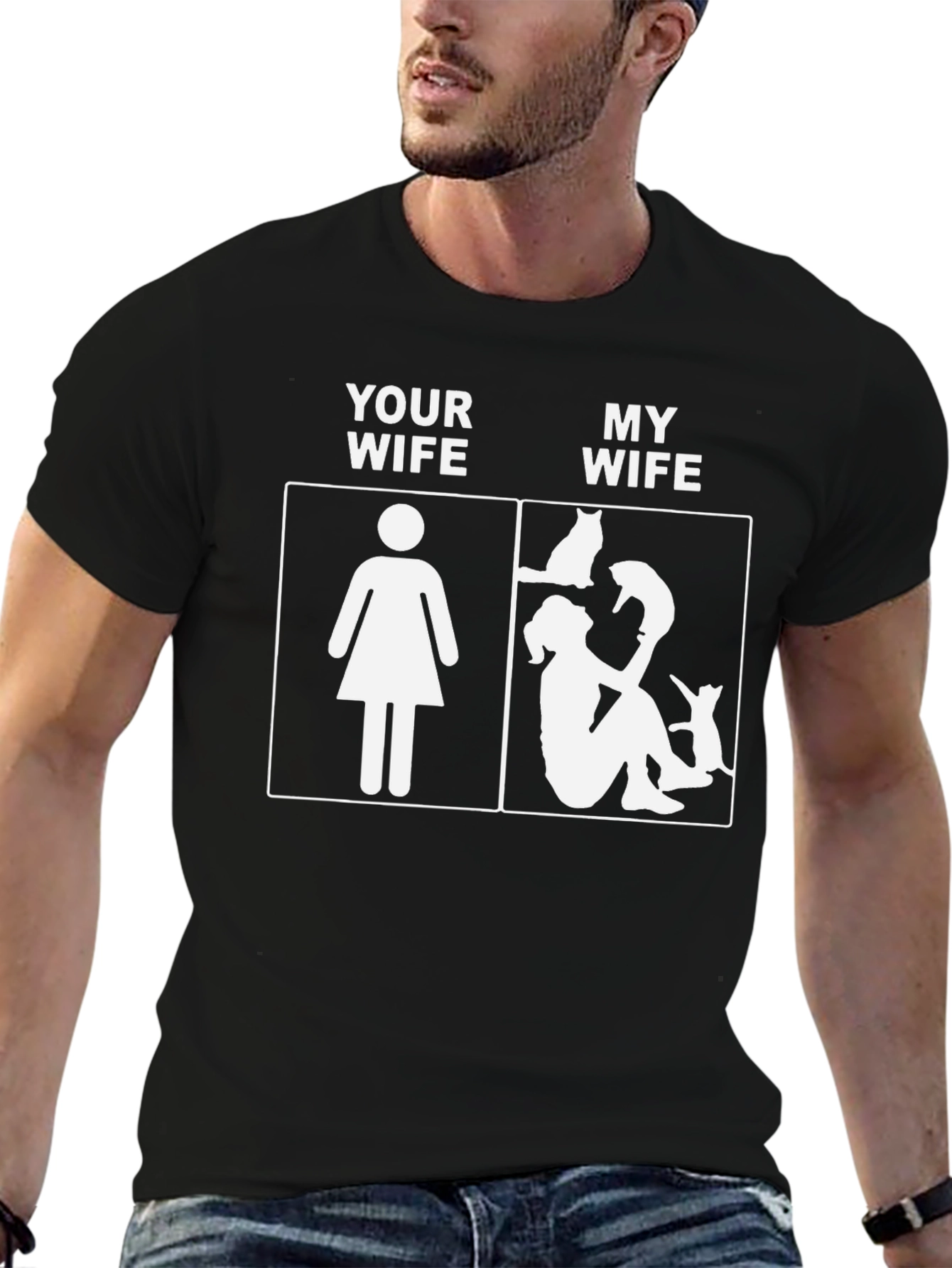 Black Humorous Cat Lover T-Shirt - "My Wife" view 6