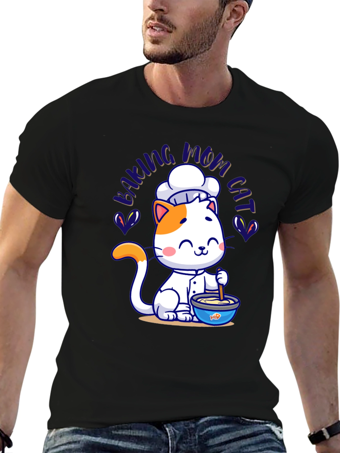 Black Baking Mom Cat T-Shirt - Cute Chef Kitten Design view 6