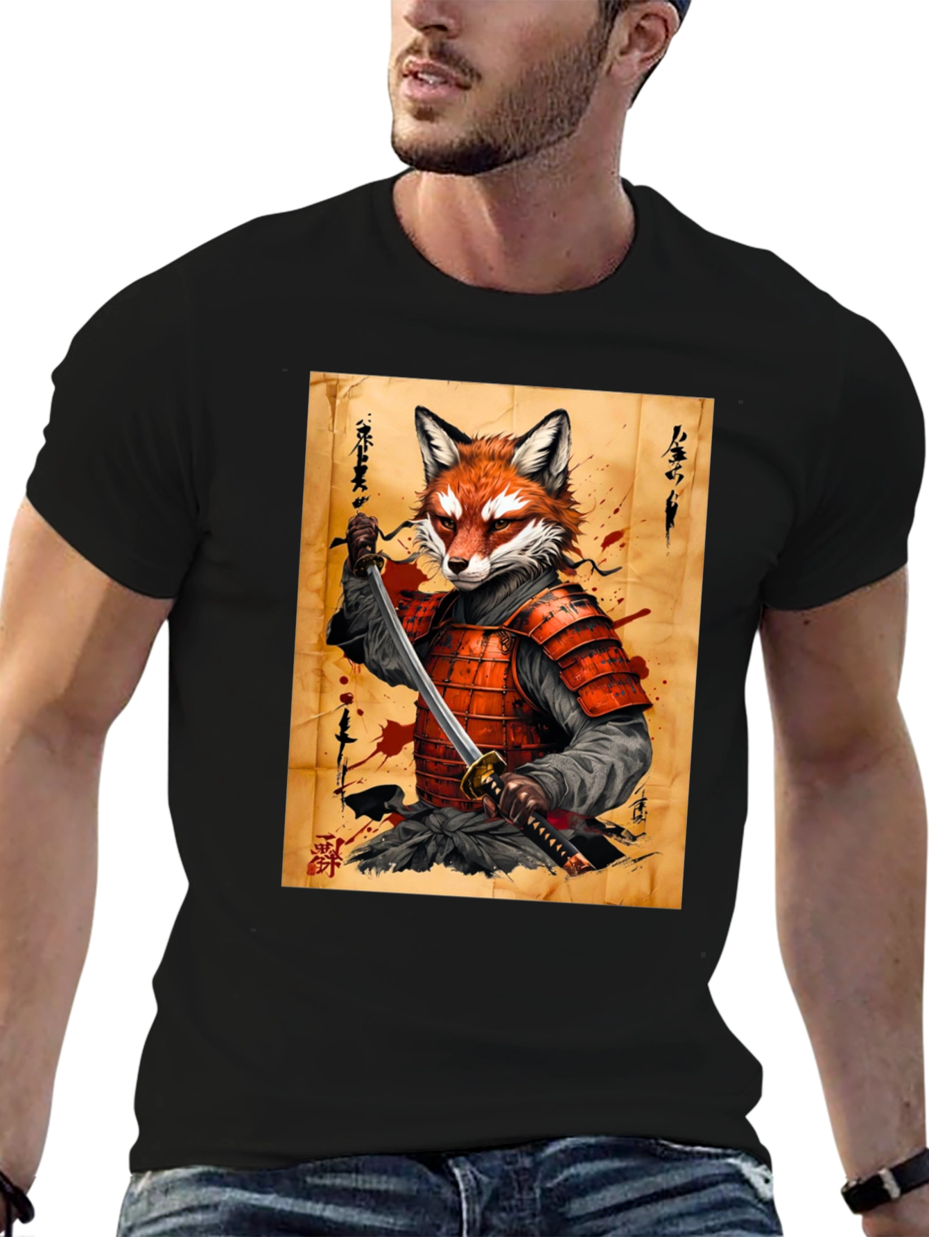 Black Fox Samurai Graphic T-Shirt - Unique Design view 6