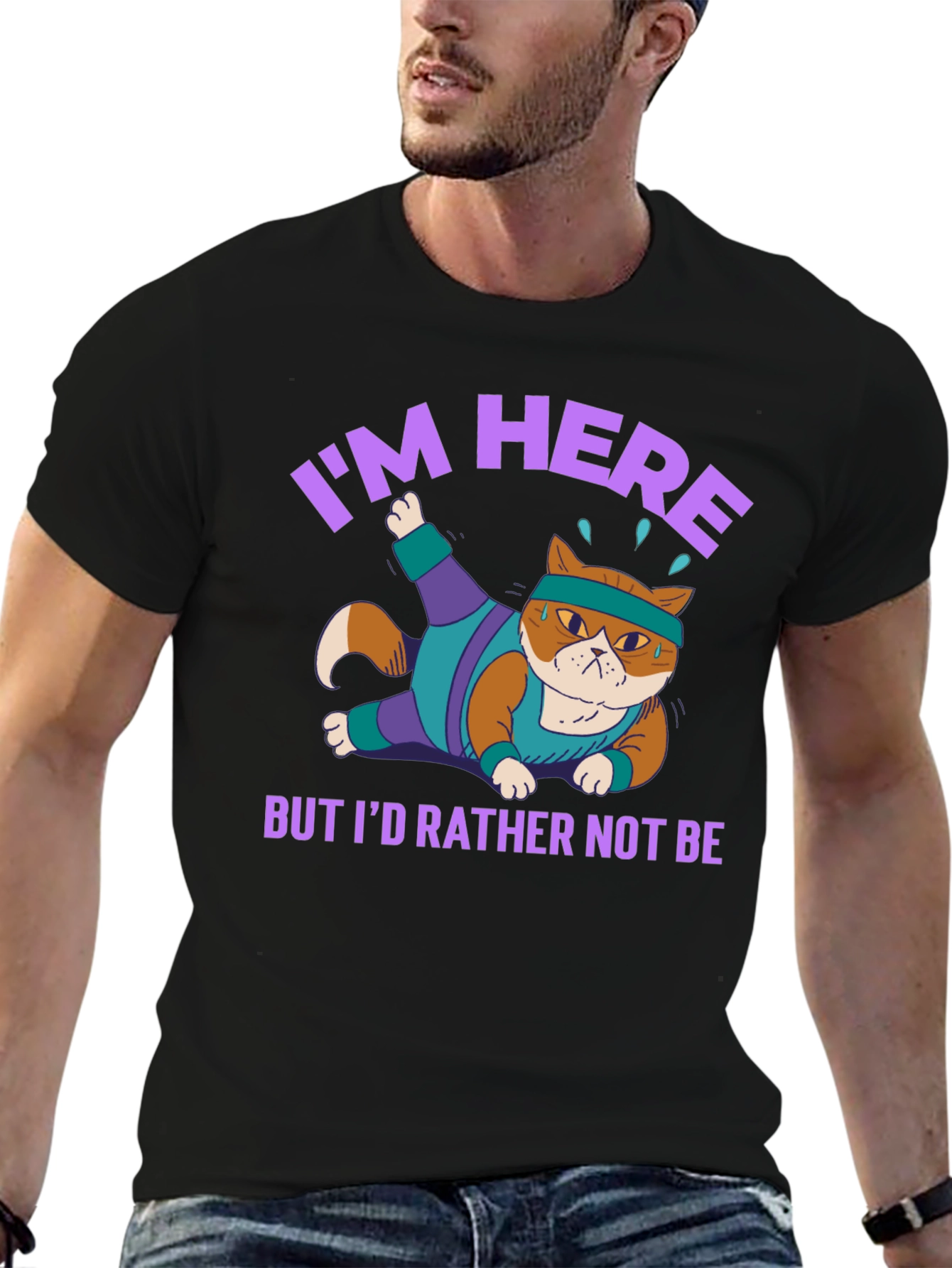 Black Funny Cat Gym T-Shirt I'm Here But I'd Rather Not Be view 6