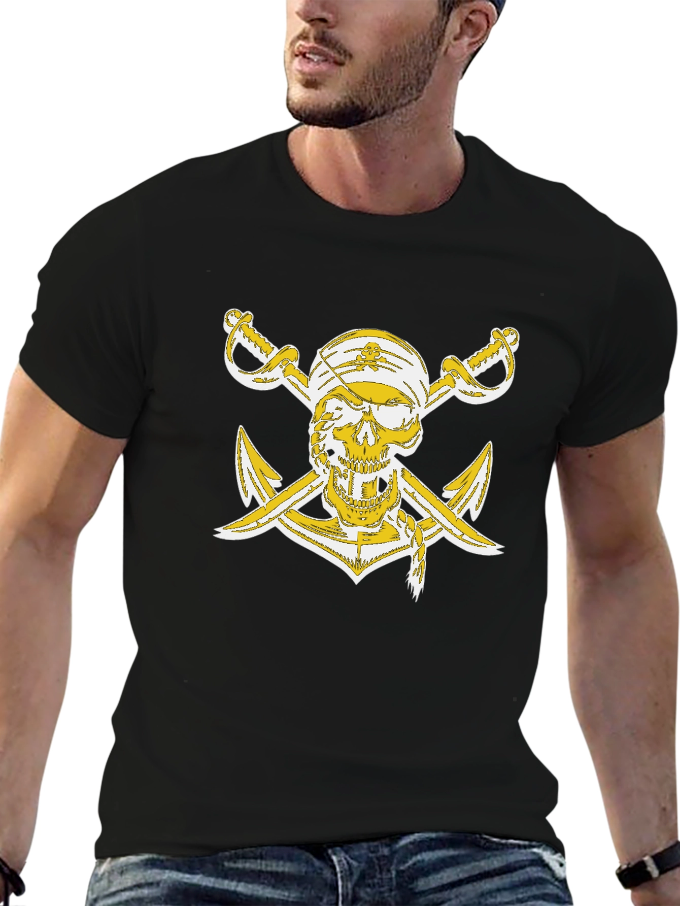 Black Pirate Skull Anchor Graphic T-Shirt view 6