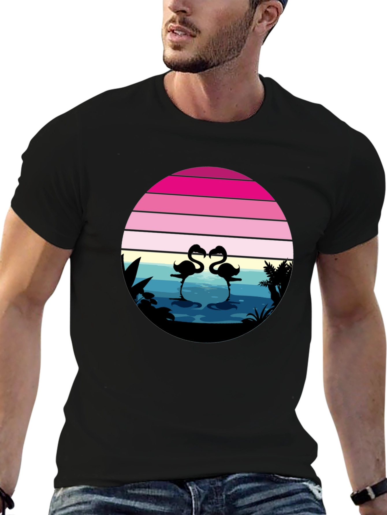 Black Retro Flamingo Sunset Graphic Tee view 6