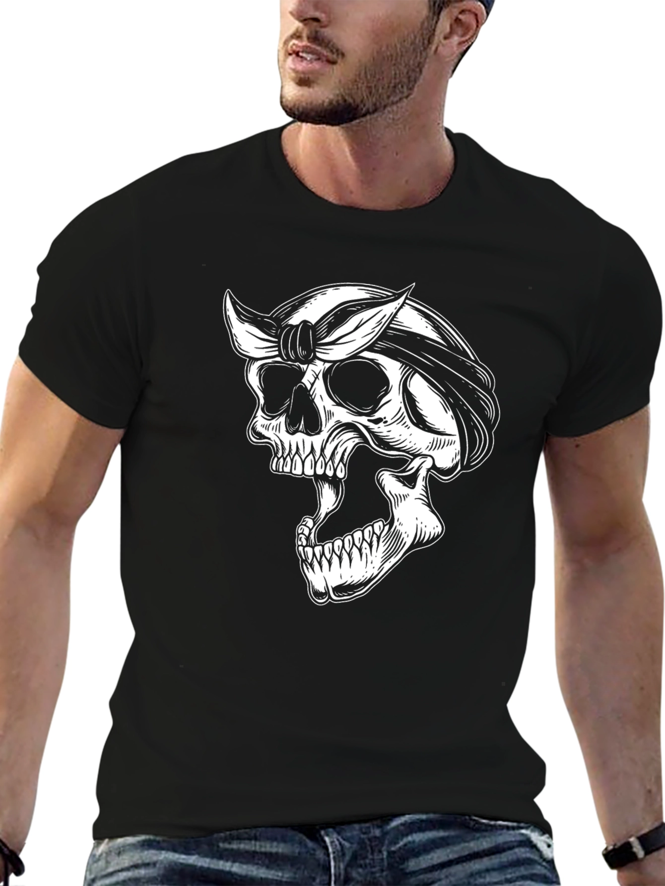 Black Skull Bandana Graphic Tee - Black Cotton T-Shirt view 6