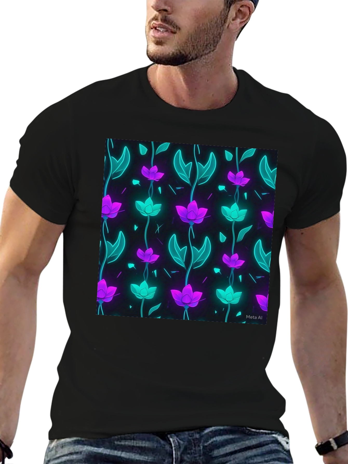Black Neon Floral Pattern Tee - Modern Graphic Print Shirt view 6